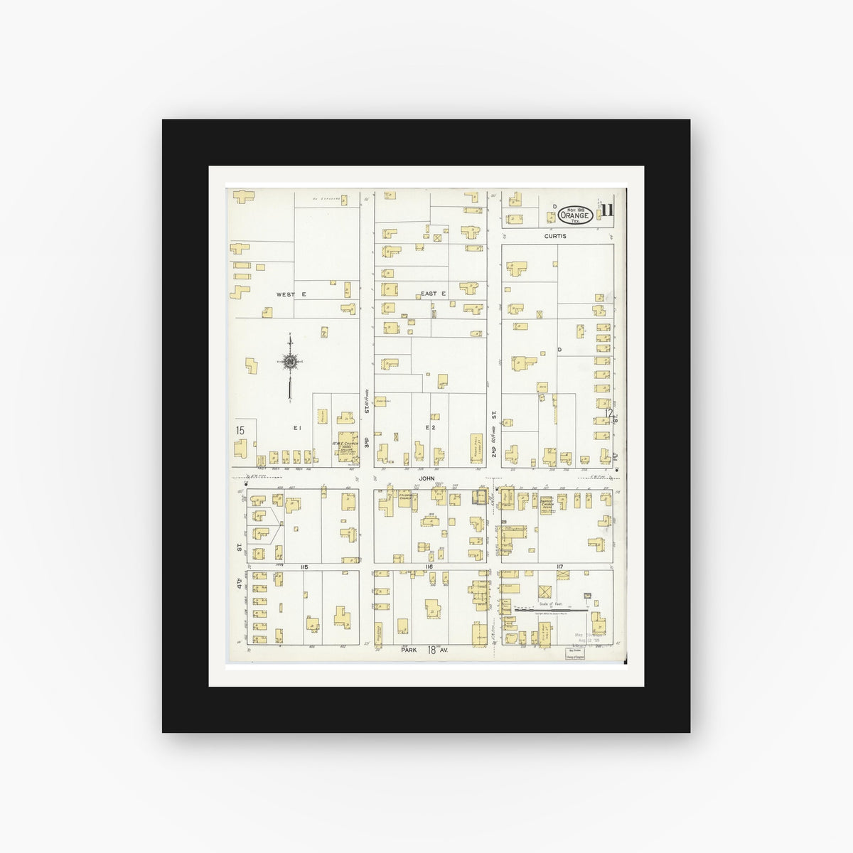 Old map wall art mockup — black gallery frame with white mat — Sanborn Fire Insurance Map from Orange, Orange County, Texas (1919), Sheet #0011
