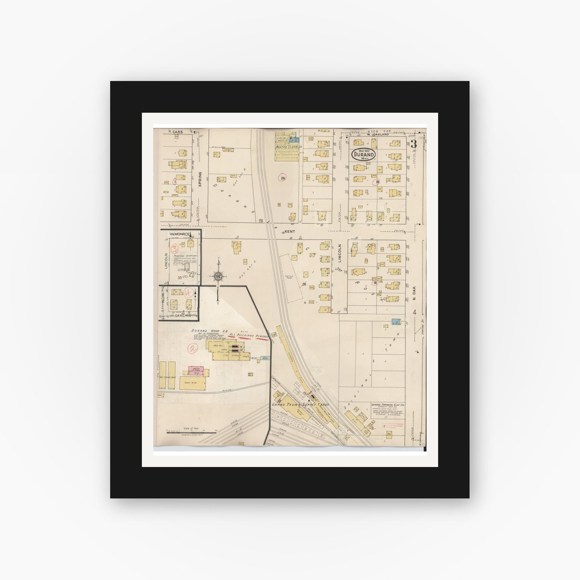 Old map wall art mockup — black gallery frame with white mat — Sanborn Fire Insurance Map from Durand, Shiawassee County, Michigan (1944), Sheet #0003