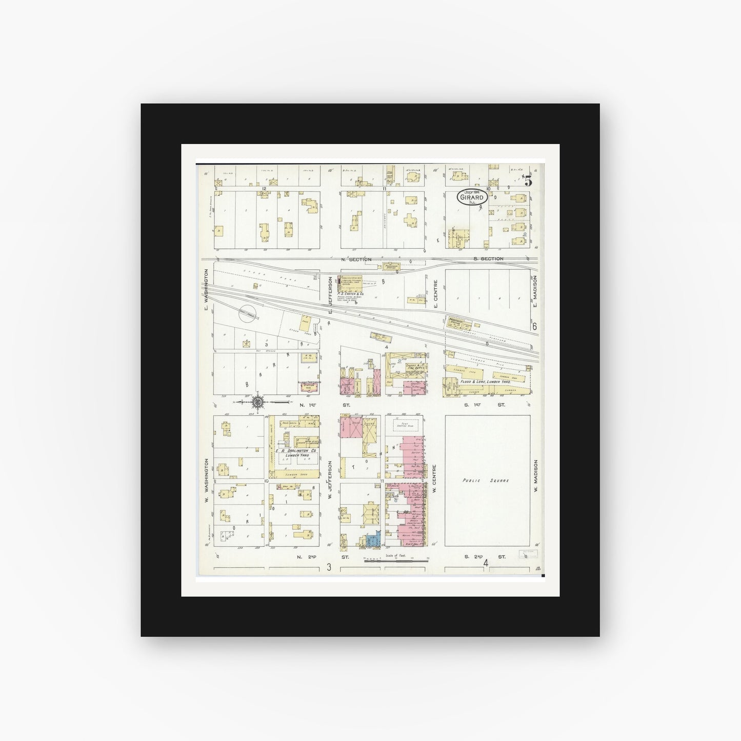 Old map wall art mockup — black gallery frame with white mat — Sanborn Fire Insurance Map from Girard, Macoupin County, Illinois (1914), Sheet #0005
