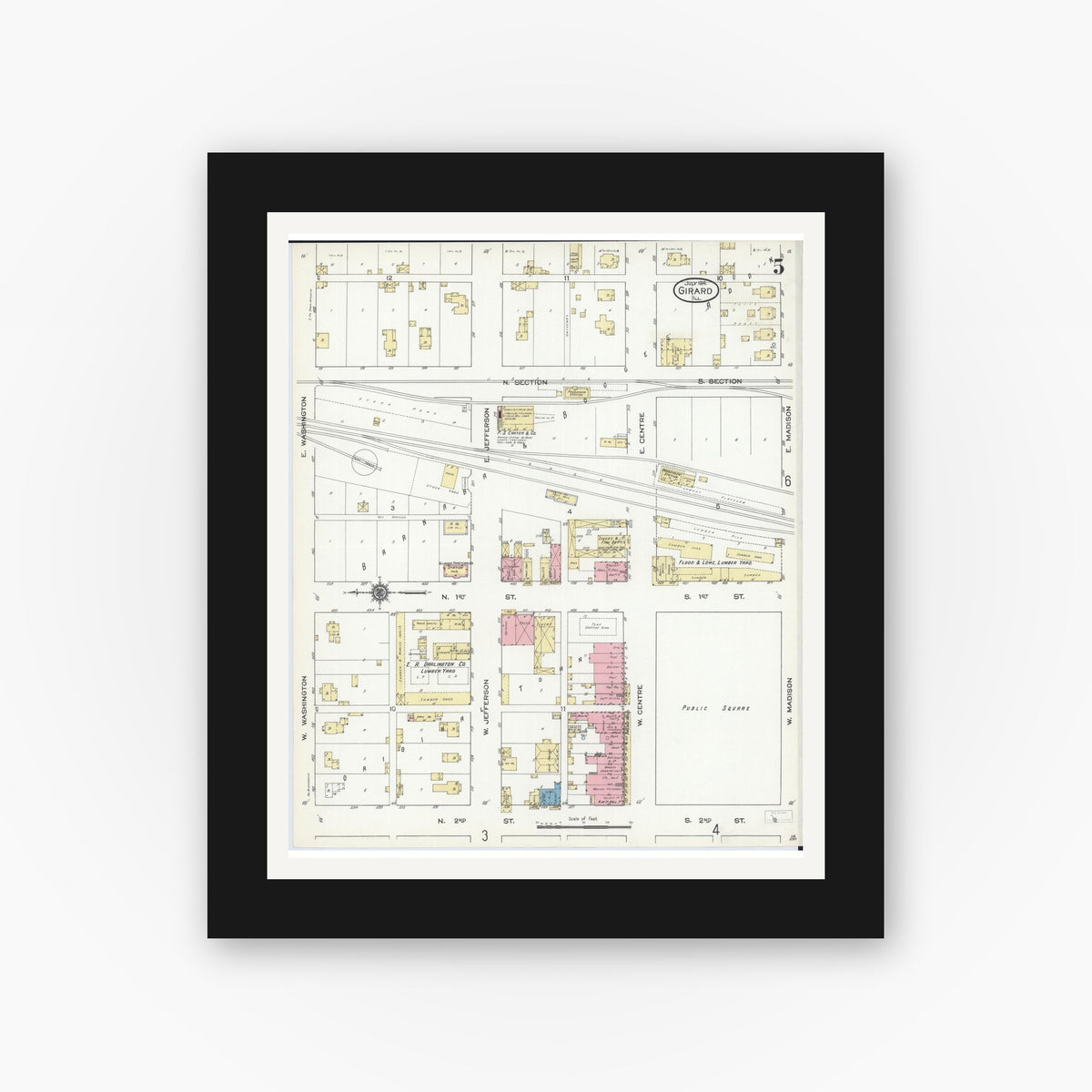 Old map wall art mockup — black gallery frame with white mat — Sanborn Fire Insurance Map from Girard, Macoupin County, Illinois (1914), Sheet #0005