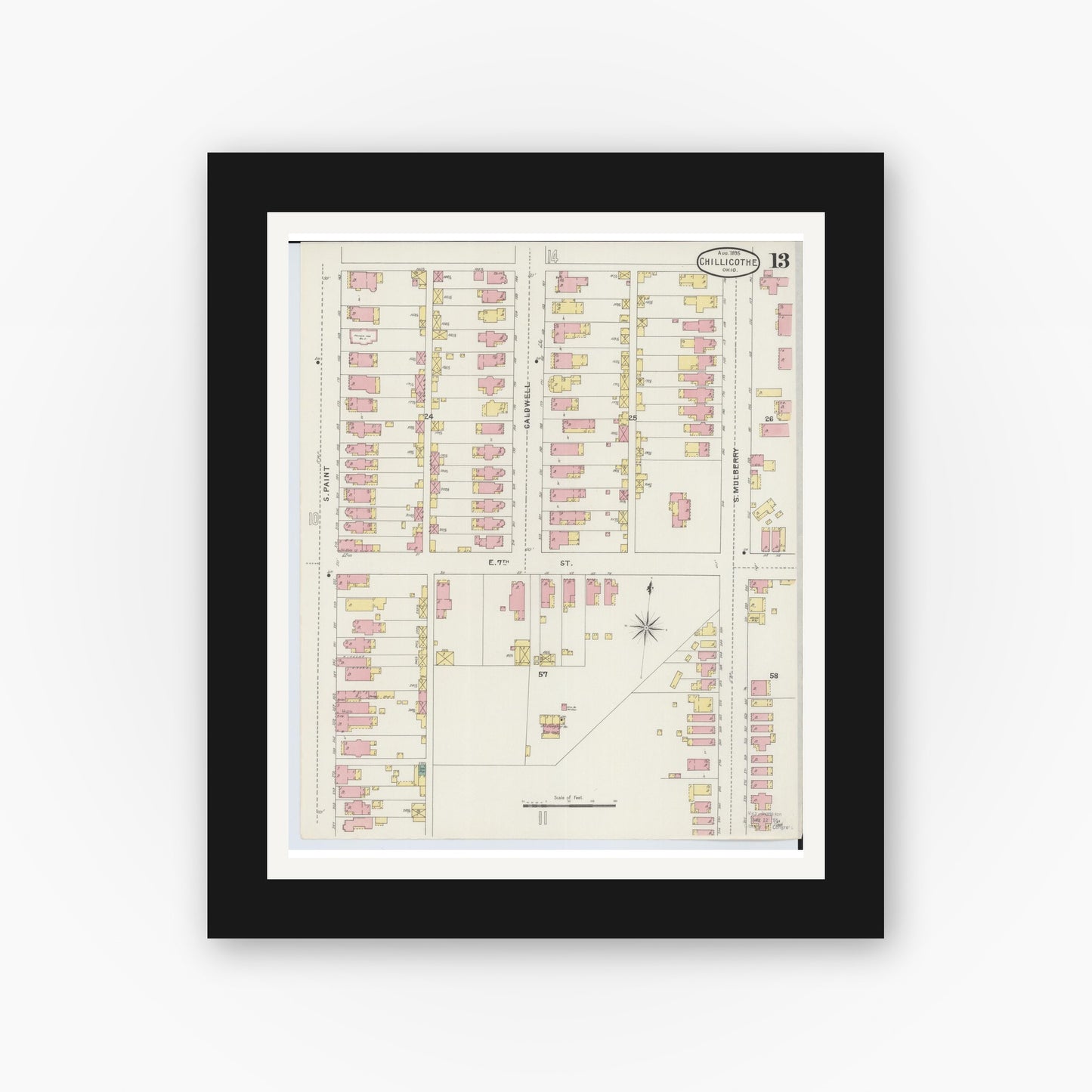 Old map wall art mockup — black gallery frame with white mat — Sanborn Fire Insurance Map from Chillicothe, Ross County, Ohio (1895), Sheet #0013