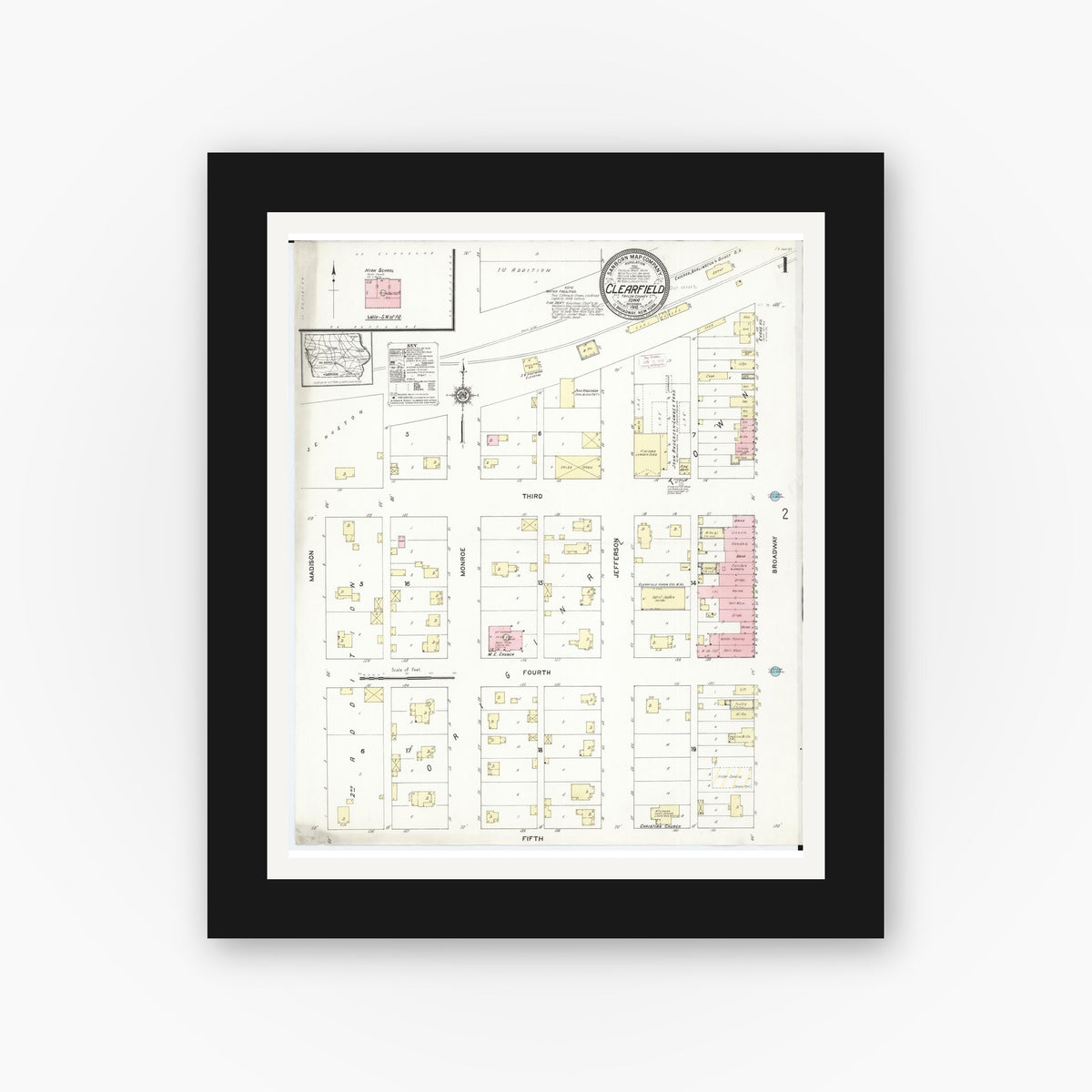 Old map wall art mockup — black gallery frame with white mat — Sanborn Fire Insurance Map from Clearfield, Taylor County, Iowa (1912) â€” Complete Set