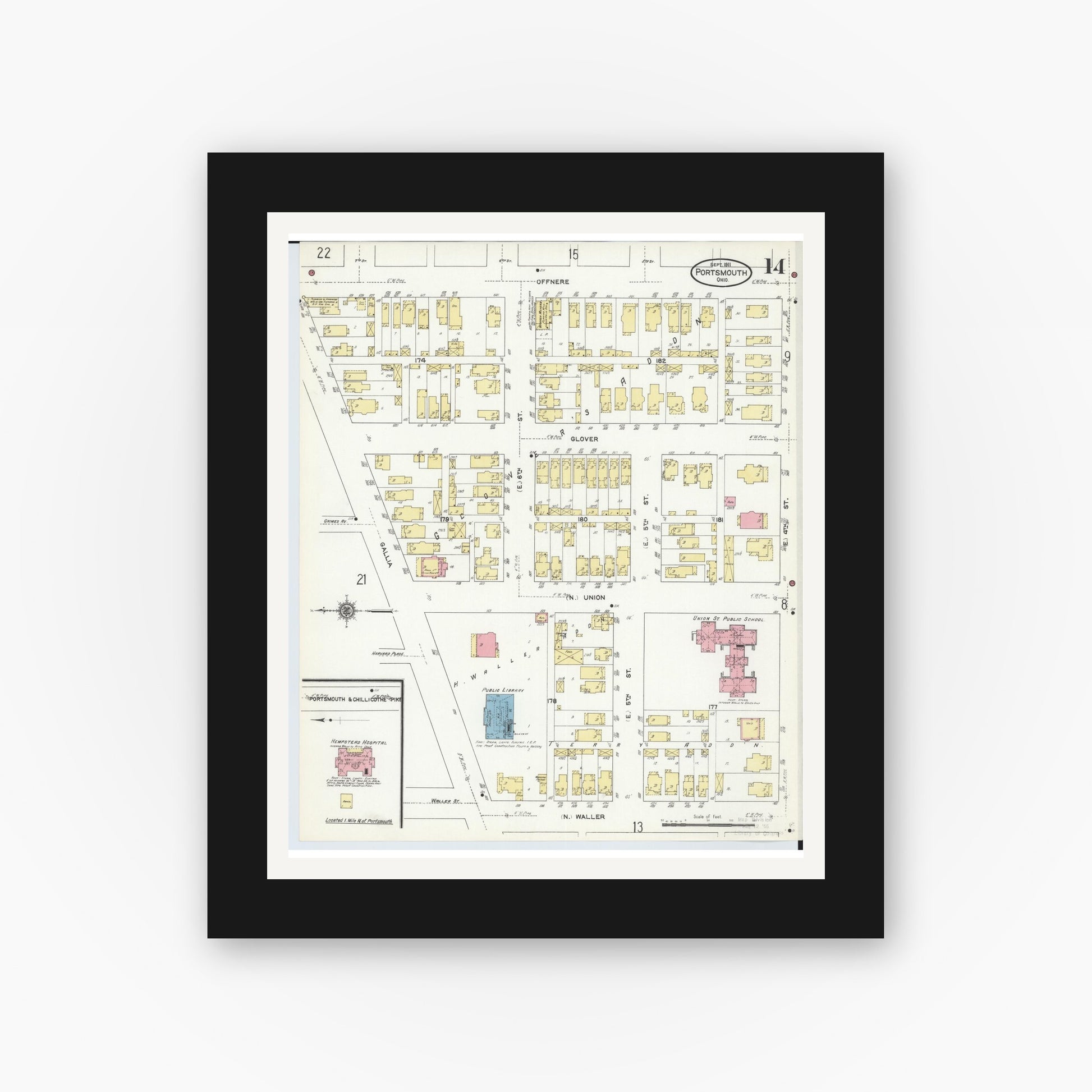 Old map wall art mockup — black gallery frame with white mat — Sanborn Fire Insurance Map from Portsmouth, Scioto County, Ohio (1911), Sheet #0014