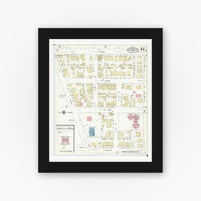 Old map wall art mockup — black gallery frame with white mat — Sanborn Fire Insurance Map from Portsmouth, Scioto County, Ohio (1911), Sheet #0014