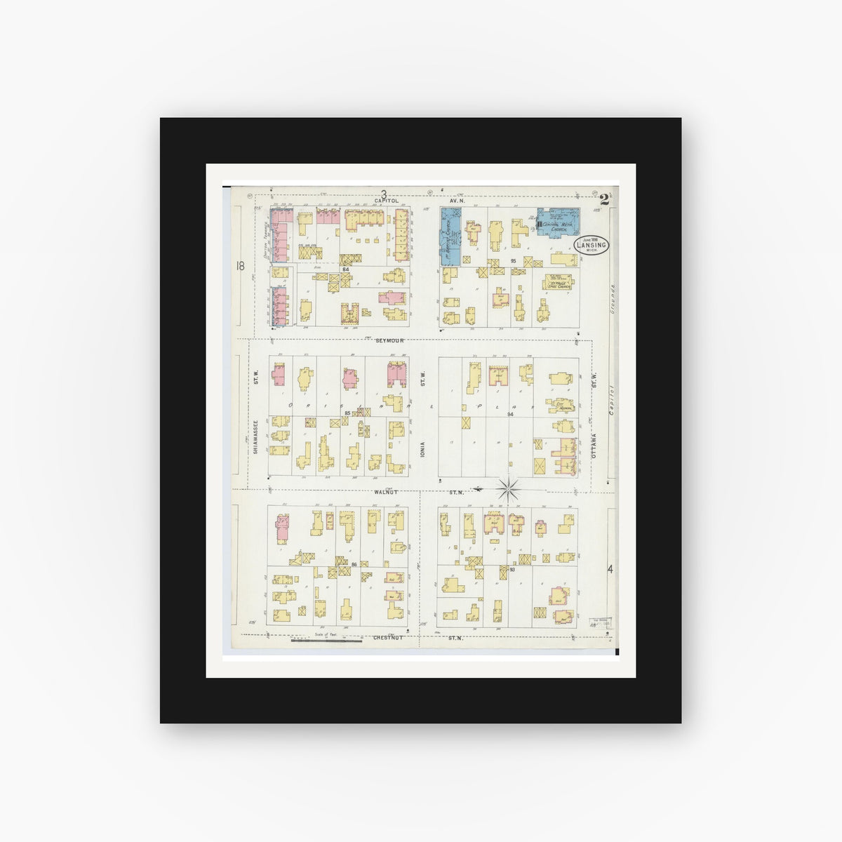 Old map wall art mockup — black gallery frame with white mat — Sanborn Fire Insurance Map from Lansing, Ingham County, Michigan (1898), Sheet #0002