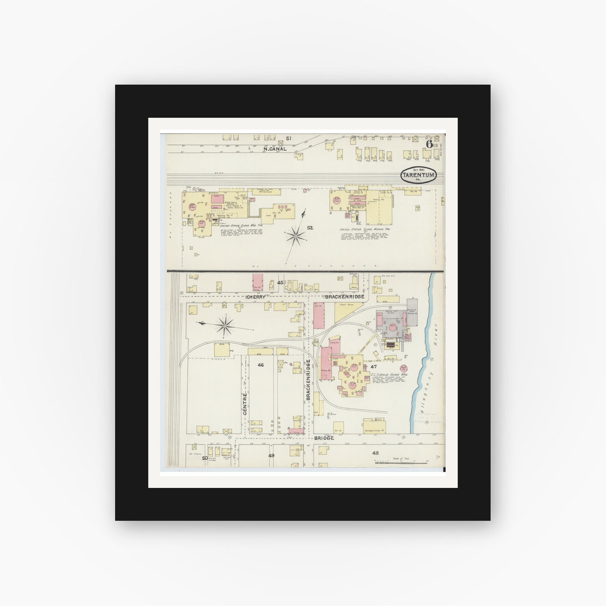 Old map wall art mockup — black gallery frame with white mat — Sanborn Fire Insurance Map from Tarentum, Allegheny County, Pennsylvania (1891), Sheet #0006