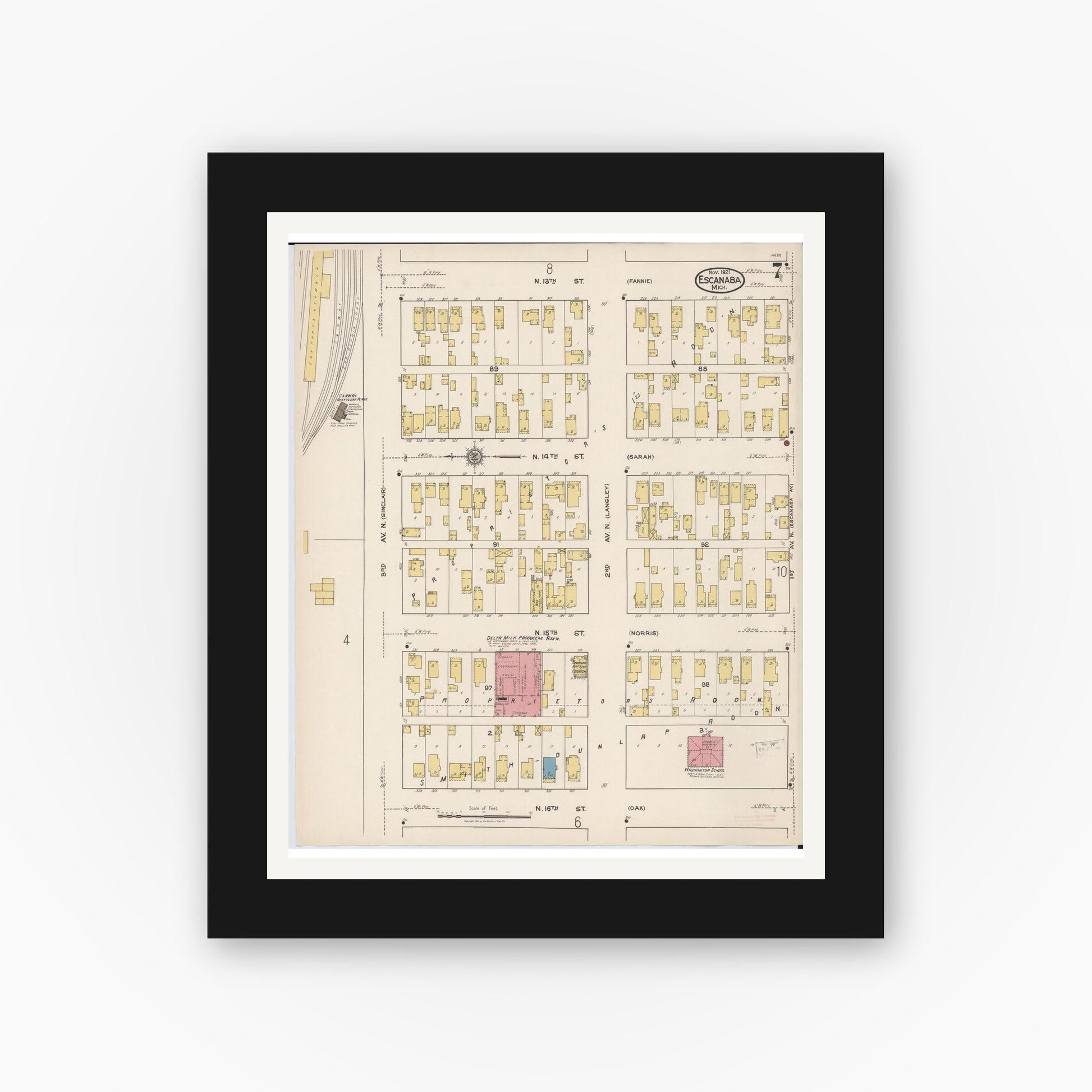 Old map wall art mockup — black gallery frame with white mat — Sanborn Fire Insurance Map from Escanaba, Delta County, Michigan (1921), Sheet #0007