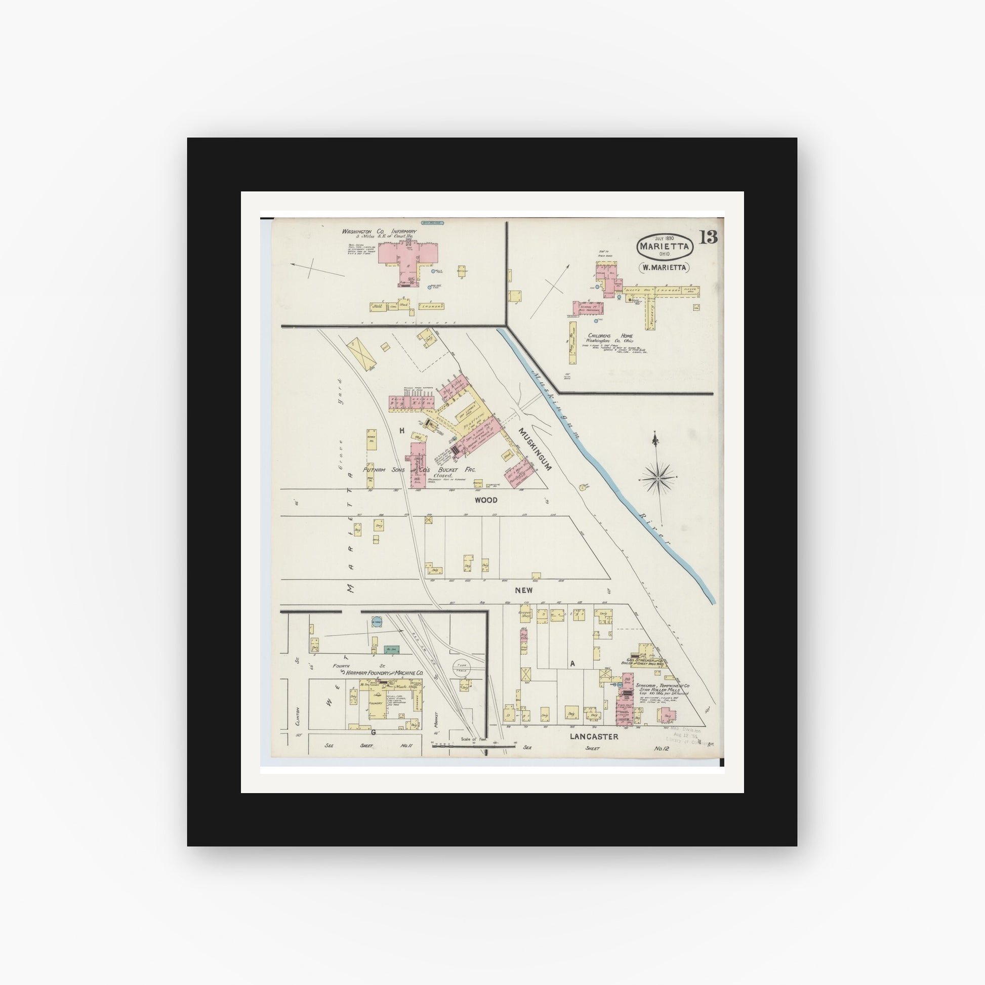 Old map wall art mockup — black gallery frame with white mat — Sanborn Fire Insurance Map from Marietta, Washington County, Ohio (1890), Sheet #0013