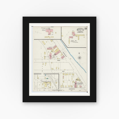 Old map wall art mockup — black gallery frame with white mat — Sanborn Fire Insurance Map from Marietta, Washington County, Ohio (1890), Sheet #0013