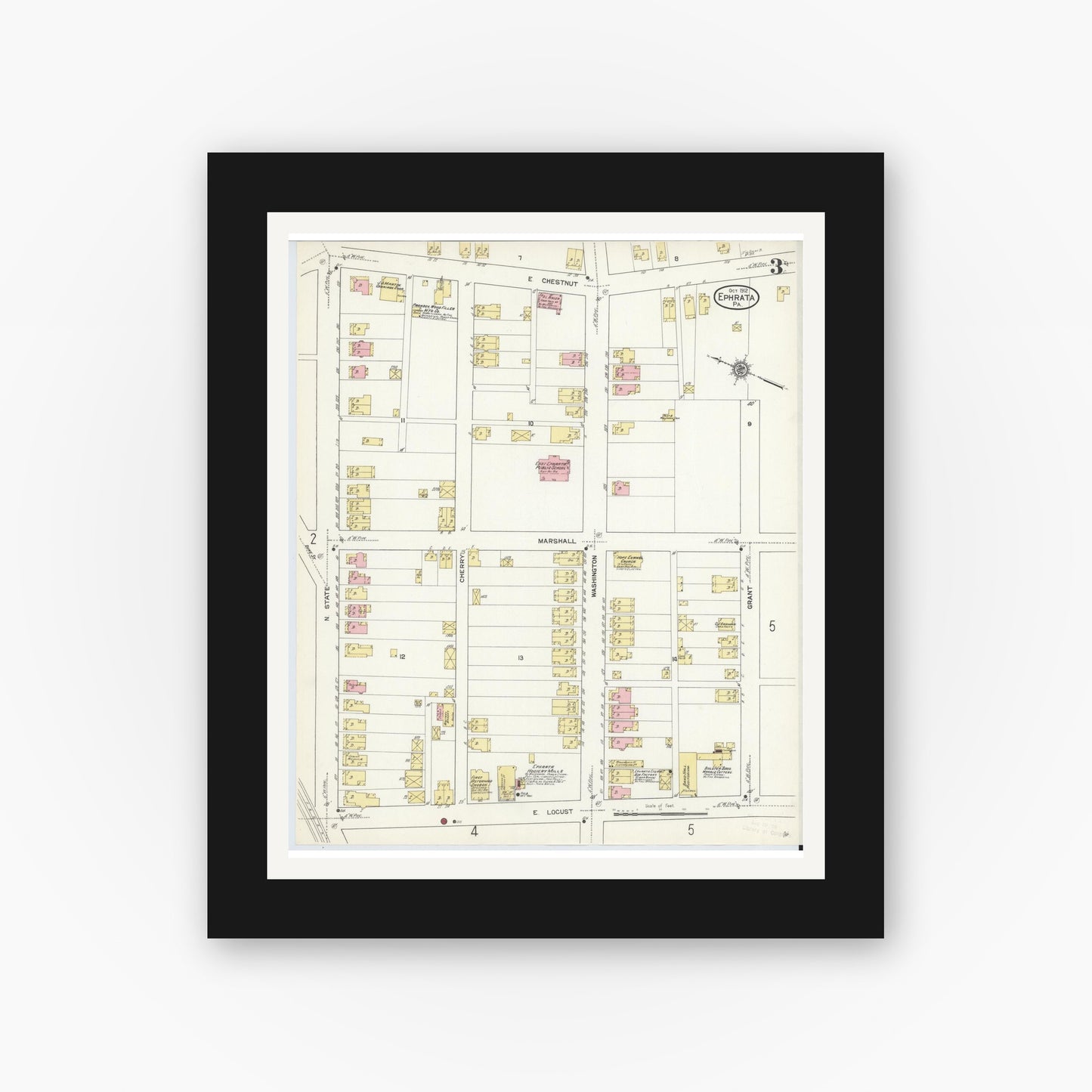 Old map wall art mockup — black gallery frame with white mat — Sanborn Fire Insurance Map from Ephrata, Lancaster County, Pennsylvania (1912), Sheet #0003