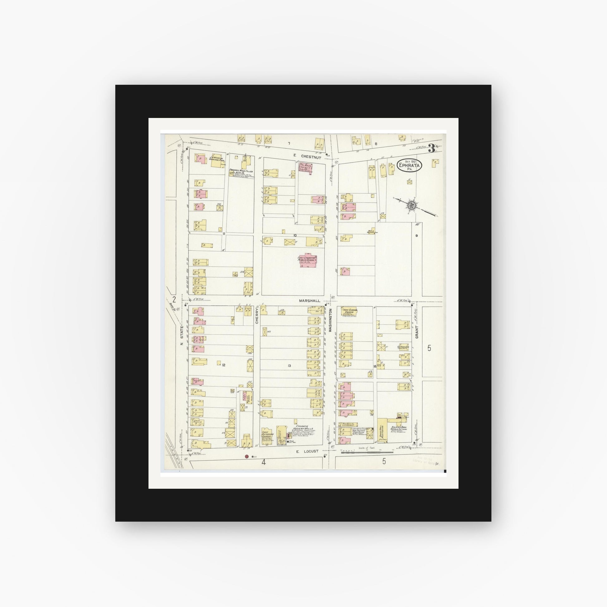Old map wall art mockup — black gallery frame with white mat — Sanborn Fire Insurance Map from Ephrata, Lancaster County, Pennsylvania (1912), Sheet #0003