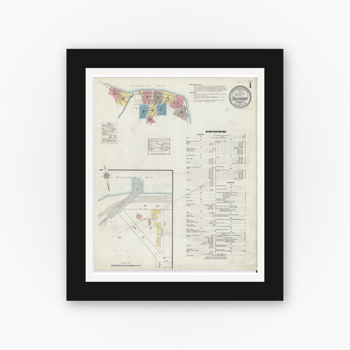 Old map wall art mockup — black gallery frame with white mat — Sanborn Fire Insurance Map from California, Washington County, Pennsylvania (1913) - Complete Map Set