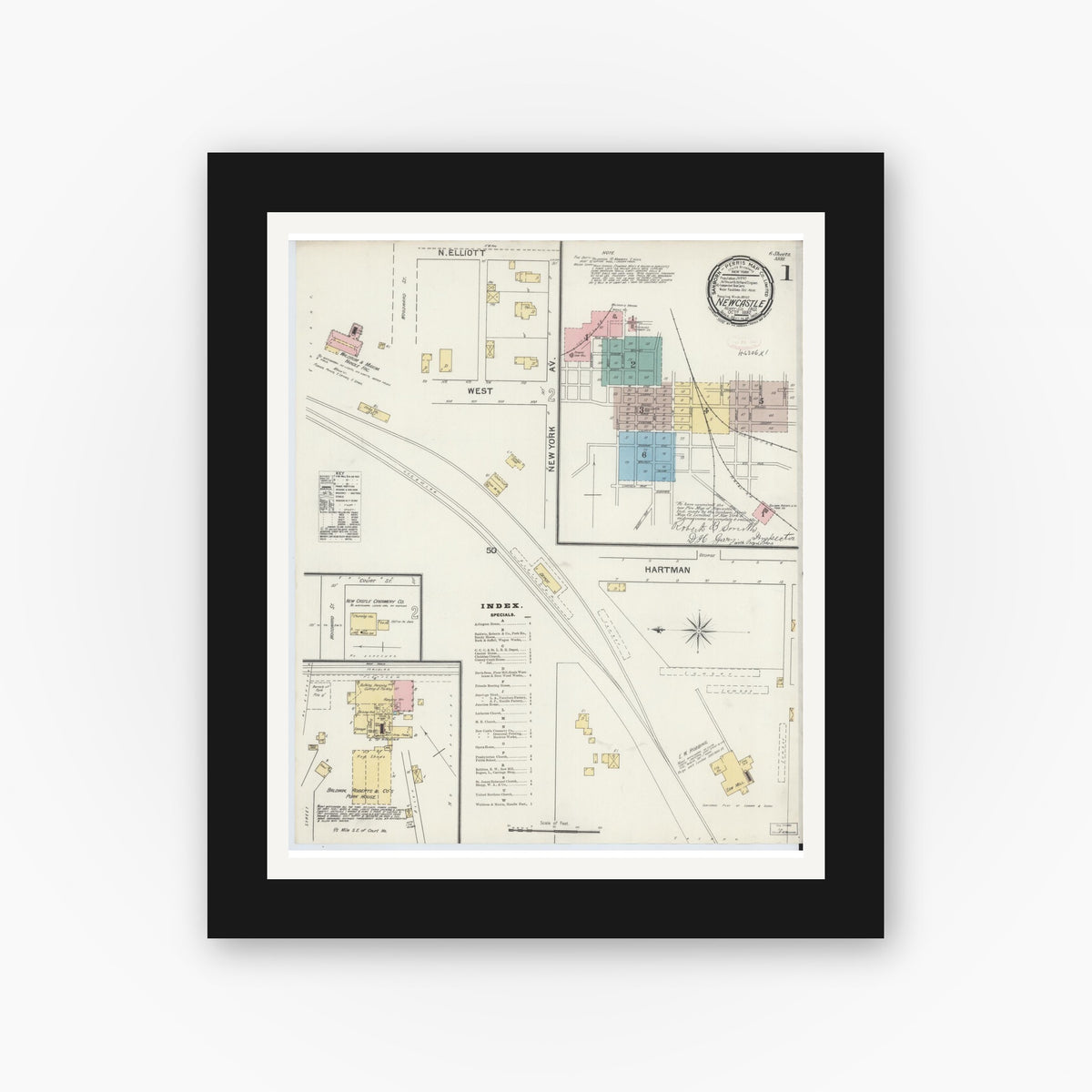 Old map wall art mockup — black gallery frame with white mat — Sanborn Fire Insurance Map from New Castle, Henry County, Indiana (1892), Sheet #0001