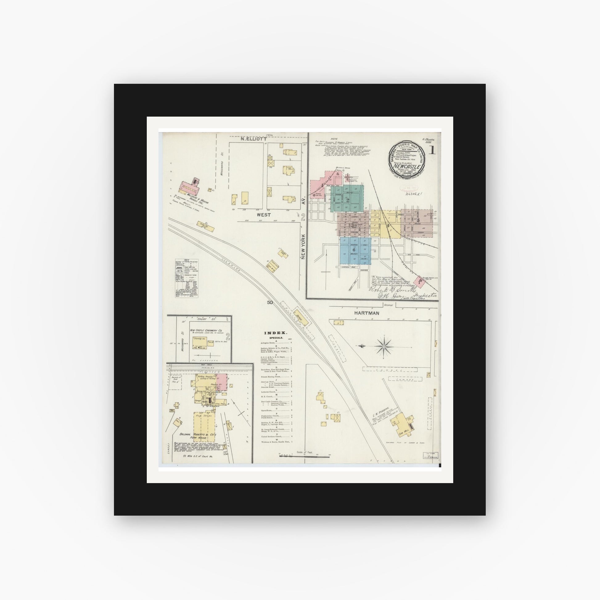 Old map wall art mockup — black gallery frame with white mat — Sanborn Fire Insurance Map from New Castle, Henry County, Indiana (1892), Sheet #0001