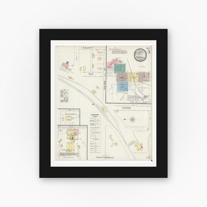 Old map wall art mockup — black gallery frame with white mat — Sanborn Fire Insurance Map from New Castle, Henry County, Indiana (1892), Sheet #0001