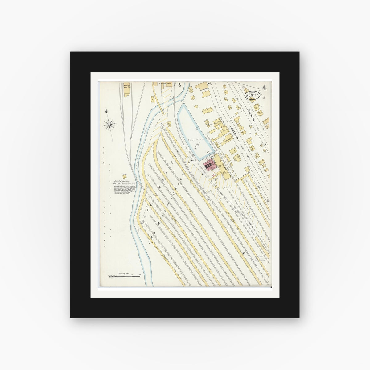 Old map wall art mockup — black gallery frame with white mat — Sanborn Fire Insurance Map from Austin, Potter County, Pennsylvania (1898), Sheet #0004