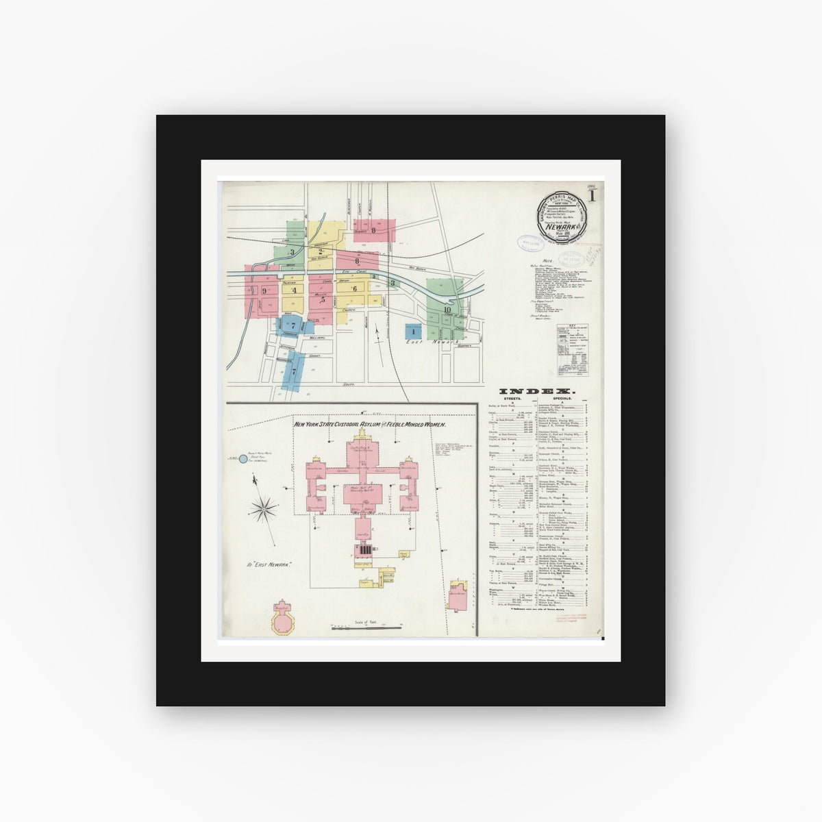 Old map wall art mockup — black gallery frame with white mat — Sanborn Fire Insurance Map from Newark, Wayne County, New York (1898), Sheet #0001