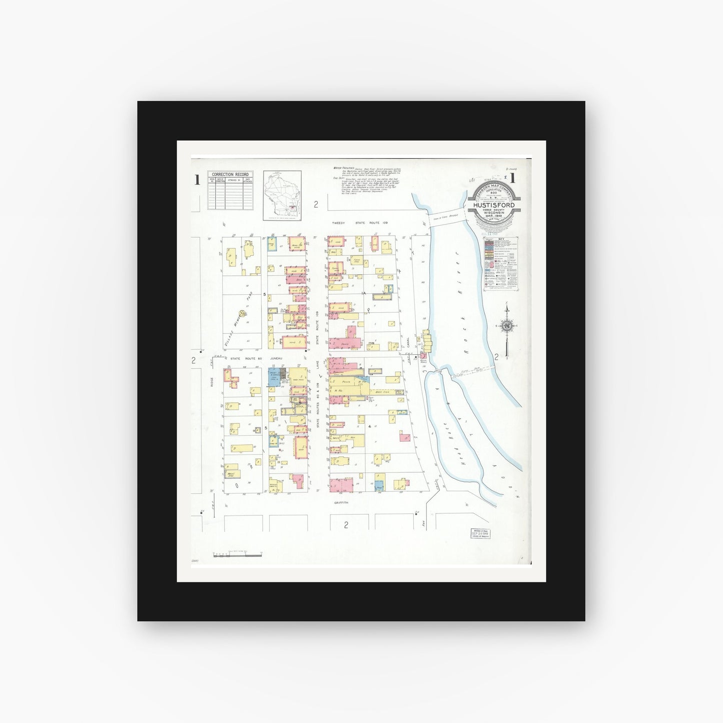 Old map wall art mockup — black gallery frame with white mat — Sanborn Fire Insurance Map from Hustisford, Dodge County, Wisconsin (1949), Sheet #0001