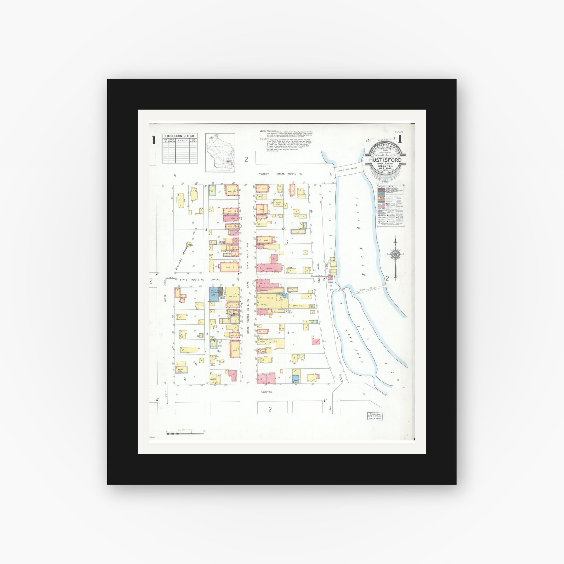 Old map wall art mockup — black gallery frame with white mat — Sanborn Fire Insurance Map from Hustisford, Dodge County, Wisconsin (1949), Sheet #0001