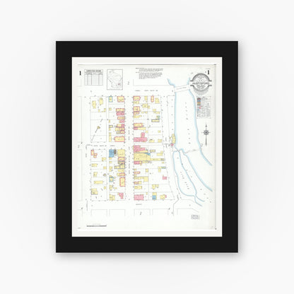 Old map wall art mockup — black gallery frame with white mat — Sanborn Fire Insurance Map from Hustisford, Dodge County, Wisconsin (1949), Sheet #0001