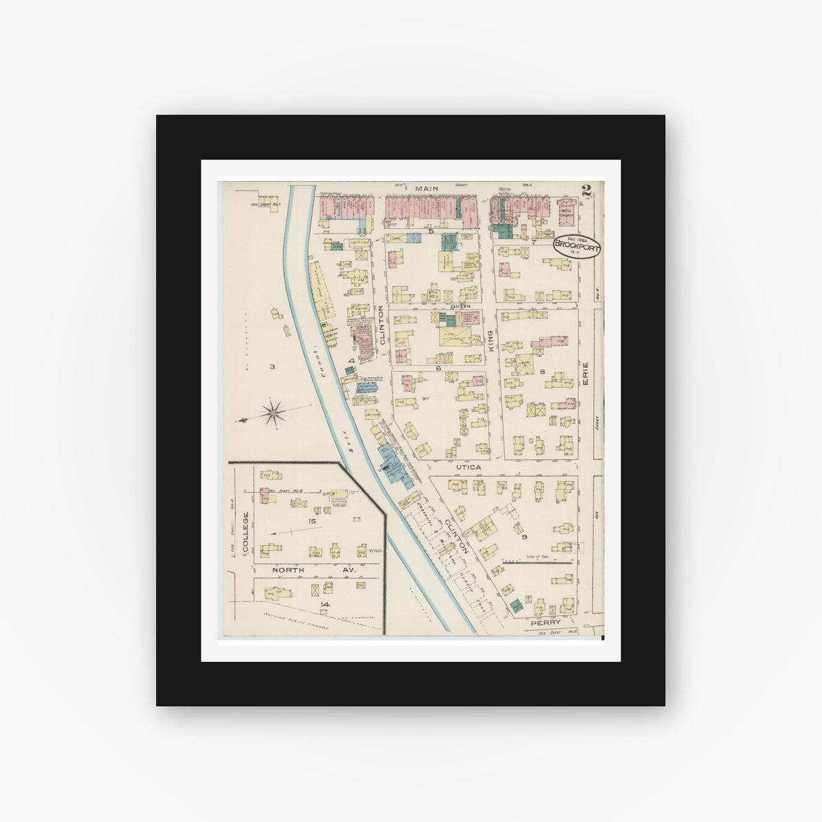Old map wall art mockup — black gallery frame with white mat — Sanborn Fire Insurance Map from Brockport, Monroe County, New York (1885) - Complete Map Set