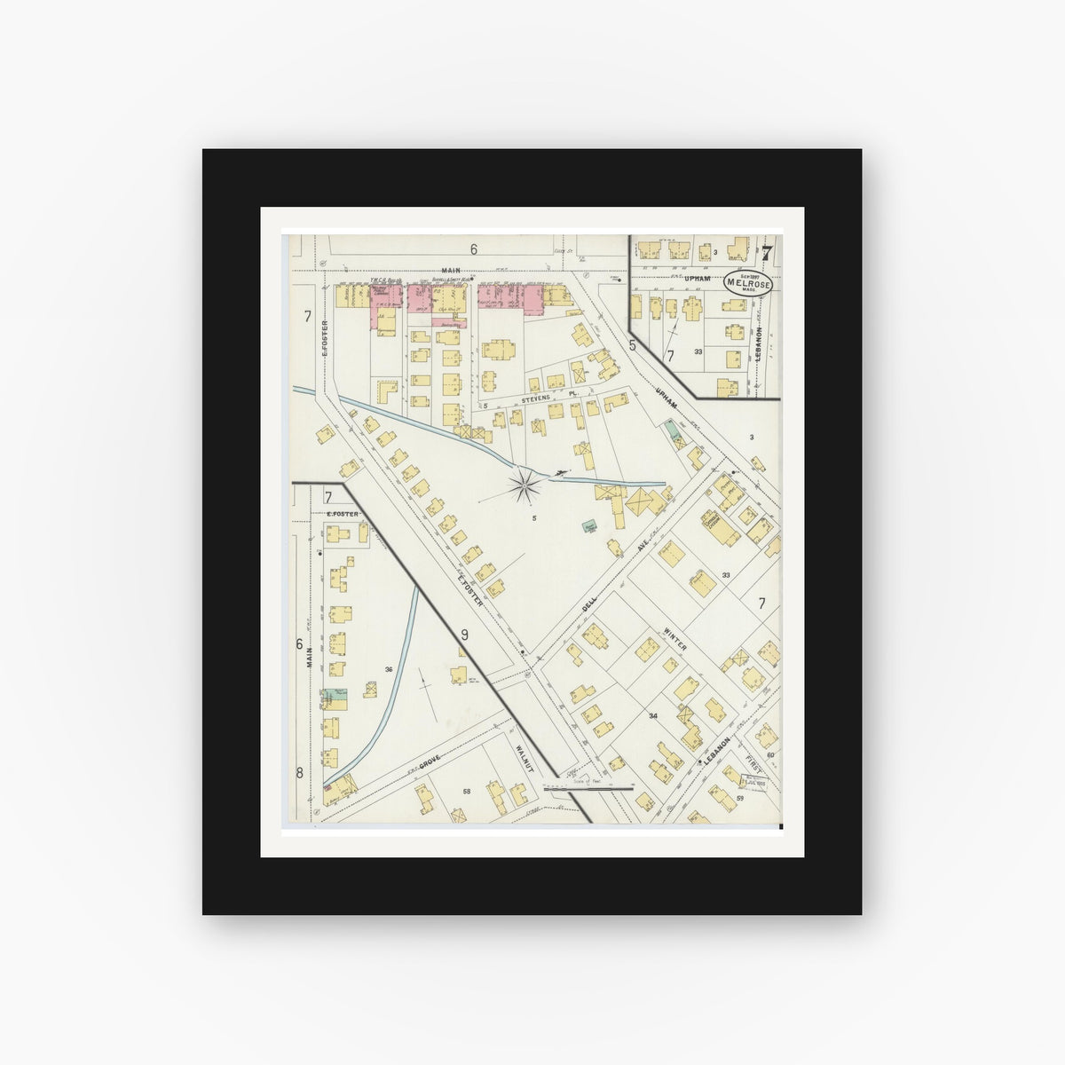 Old map wall art mockup — black gallery frame with white mat — Sanborn Fire Insurance Map from Melrose, Middlesex County, Massachusetts (1897), Sheet #0007