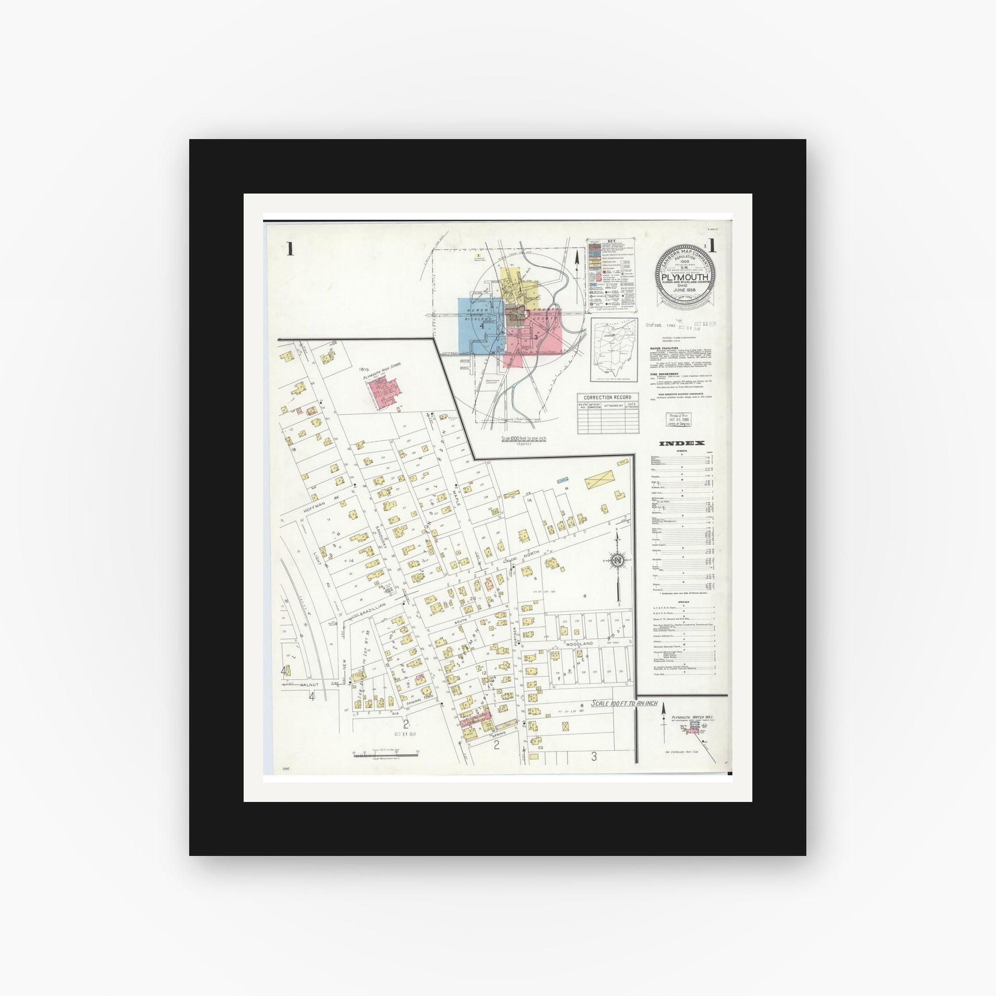 Old map wall art mockup — black gallery frame with white mat — Sanborn Fire Insurance Map from Plymouth, Huron And Richland Counties, Ohio (1938), Sheet #0001