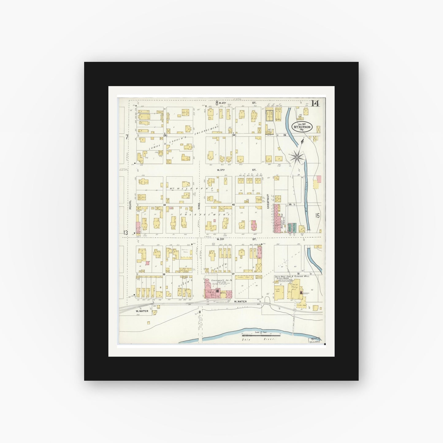 Old map wall art mockup — black gallery frame with white mat — Sanborn Fire Insurance Map from Mount Vernon, Posey County, Indiana (1907), Sheet #0014