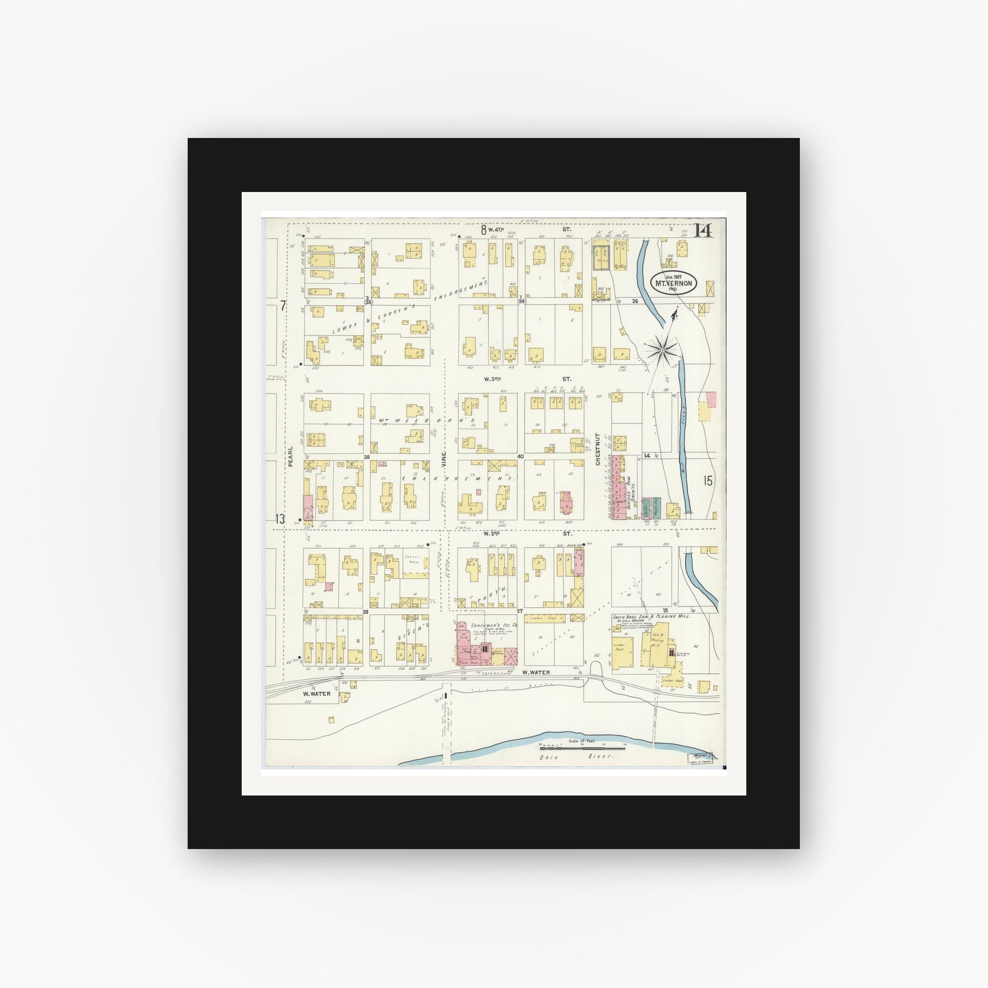 Old map wall art mockup — black gallery frame with white mat — Sanborn Fire Insurance Map from Mount Vernon, Posey County, Indiana (1907), Sheet #0014