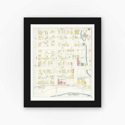 Old map wall art mockup — black gallery frame with white mat — Sanborn Fire Insurance Map from Mount Vernon, Posey County, Indiana (1907), Sheet #0014