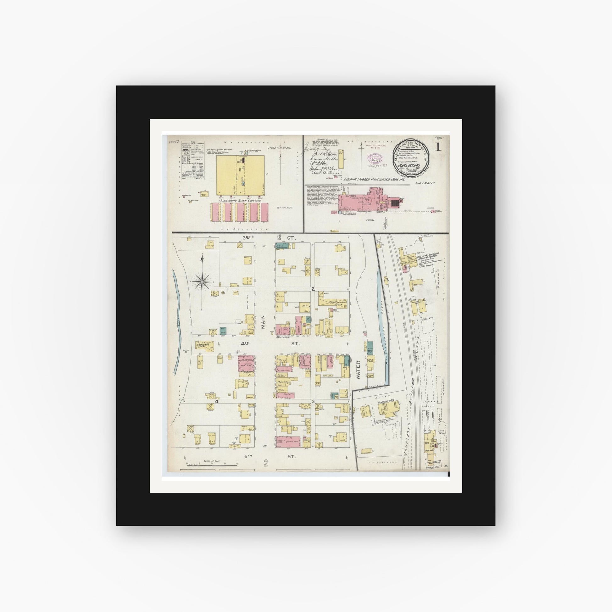 Old map wall art mockup — black gallery frame with white mat — Sanborn Fire Insurance Map from Jonesboro, Grant County, Indiana (1893) - Complete Map Set