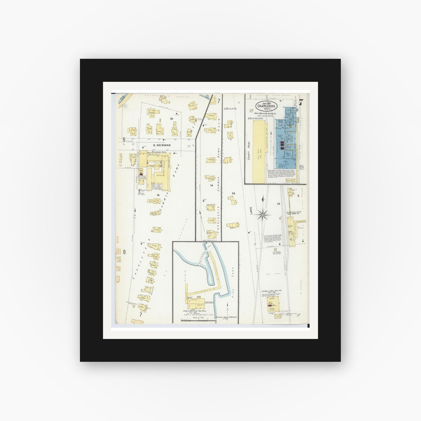 Old map wall art mockup — black gallery frame with white mat — Sanborn Fire Insurance Map from Charlevoix, Charlevoix County, Michigan (1907), Sheet #0007
