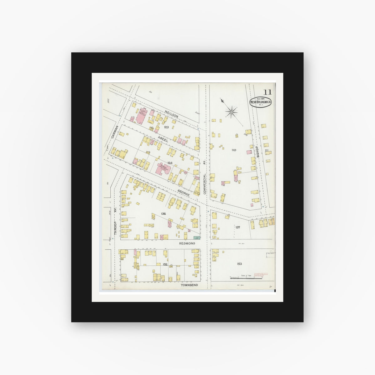 Old map wall art mockup — black gallery frame with white mat — Sanborn Fire Insurance Map from New Brunswick, Middlesex County, New Jersey (1892), Sheet #0011