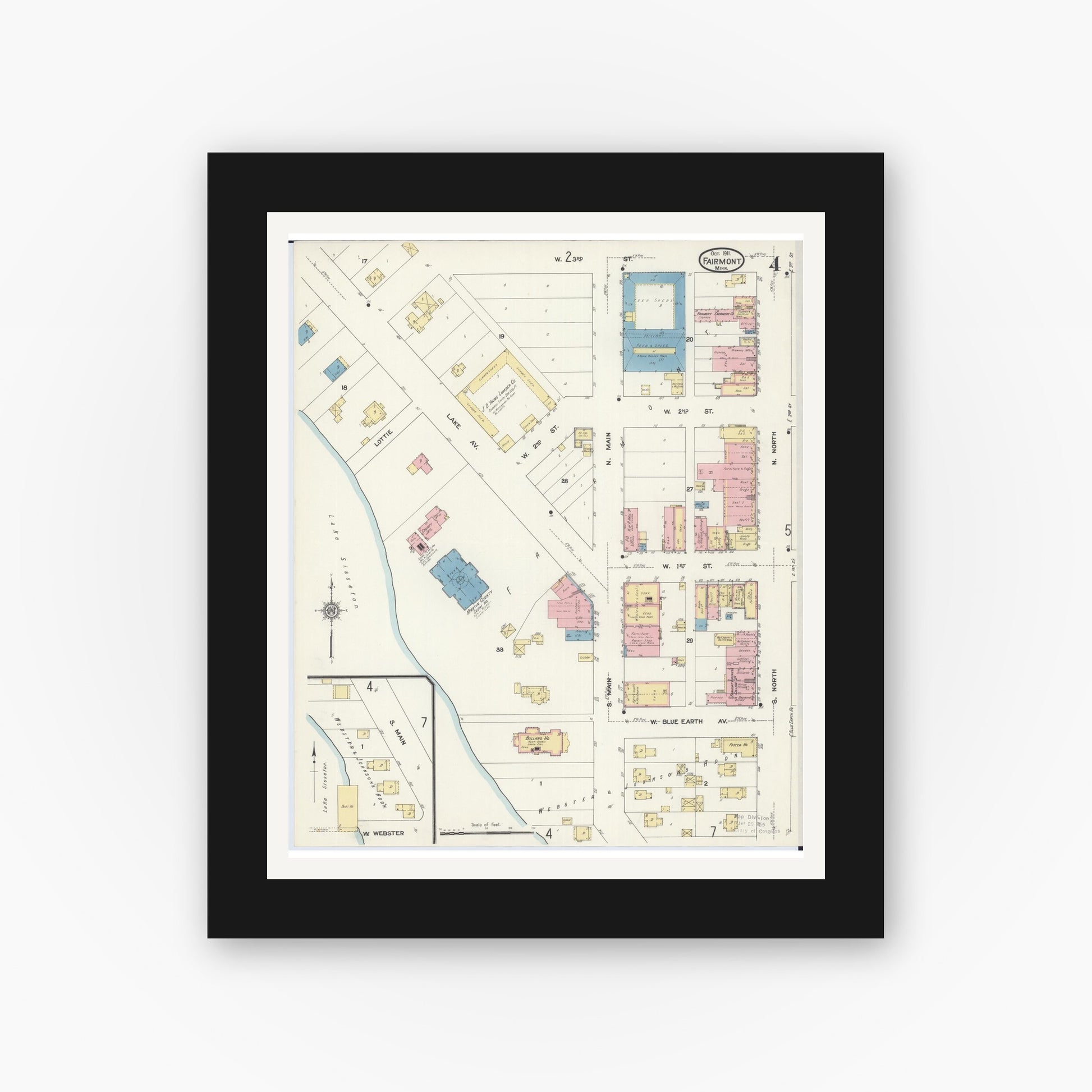 Old map wall art mockup — black gallery frame with white mat — Sanborn Fire Insurance Map from Fairmont, Martin County, Minnesota (1911), Sheet #0004