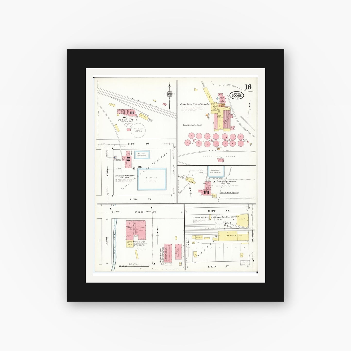 Old map wall art mockup — black gallery frame with white mat — Sanborn Fire Insurance Map from Boone, Boone County, Iowa (1916), Sheet #0016