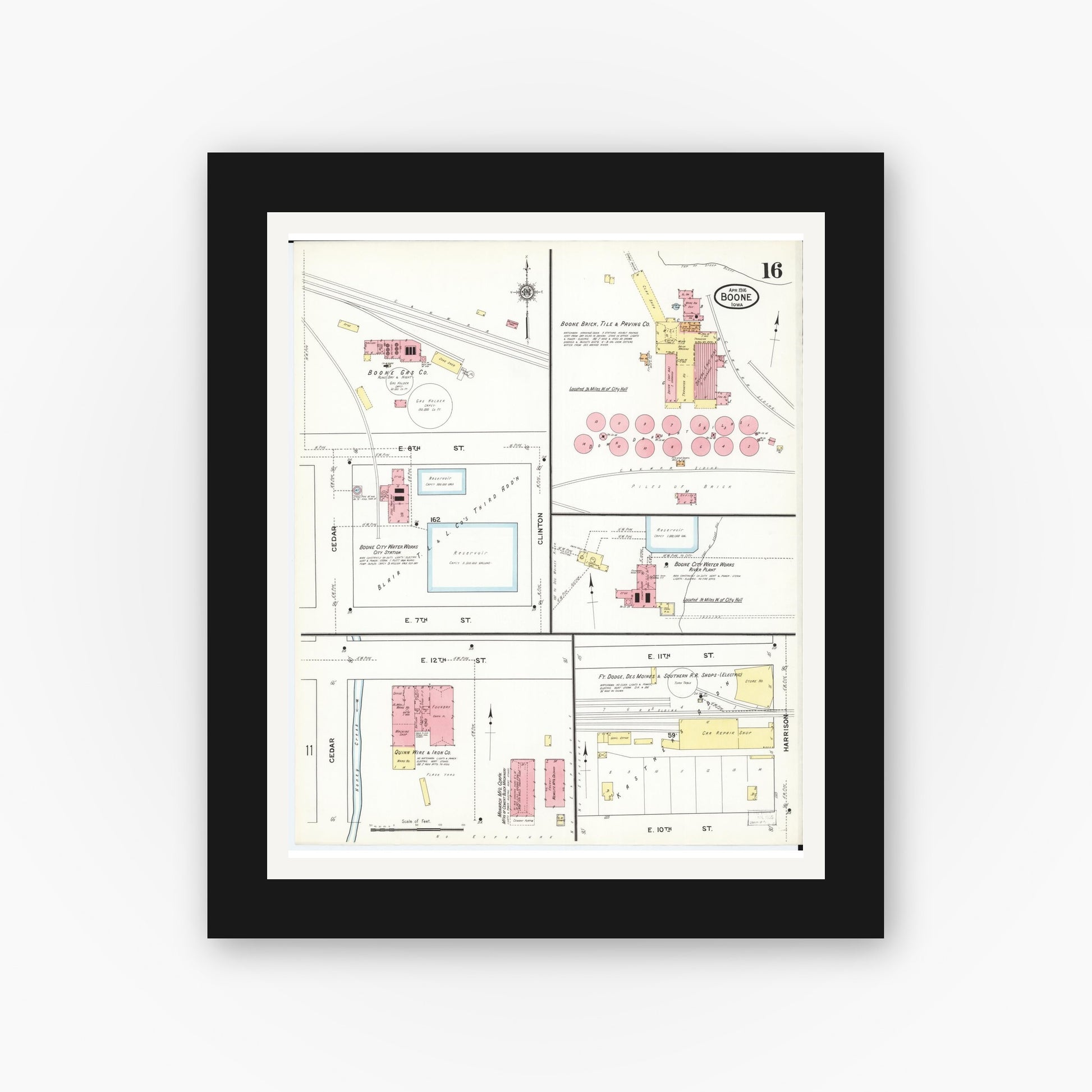 Old map wall art mockup — black gallery frame with white mat — Sanborn Fire Insurance Map from Boone, Boone County, Iowa (1916), Sheet #0016
