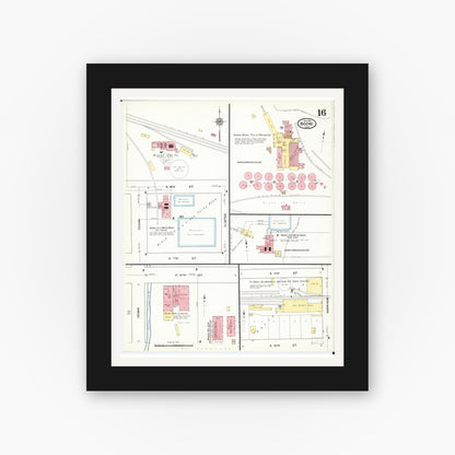 Old map wall art mockup — black gallery frame with white mat — Sanborn Fire Insurance Map from Boone, Boone County, Iowa (1916), Sheet #0016