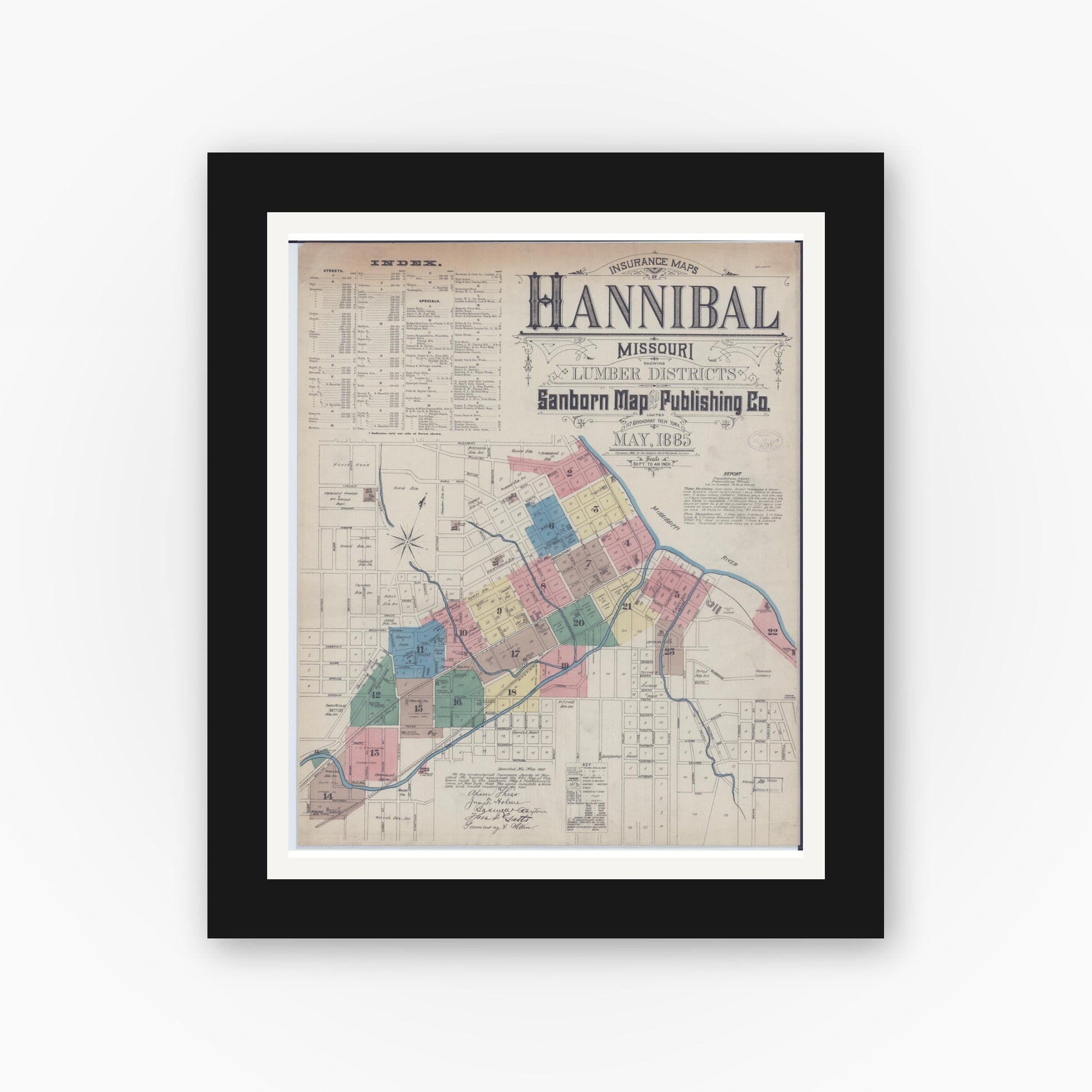 Old map wall art mockup — black gallery frame with white mat — Sanborn Fire Insurance Map from Hannibal, Marion County, Missouri (1885), Sheet #0001