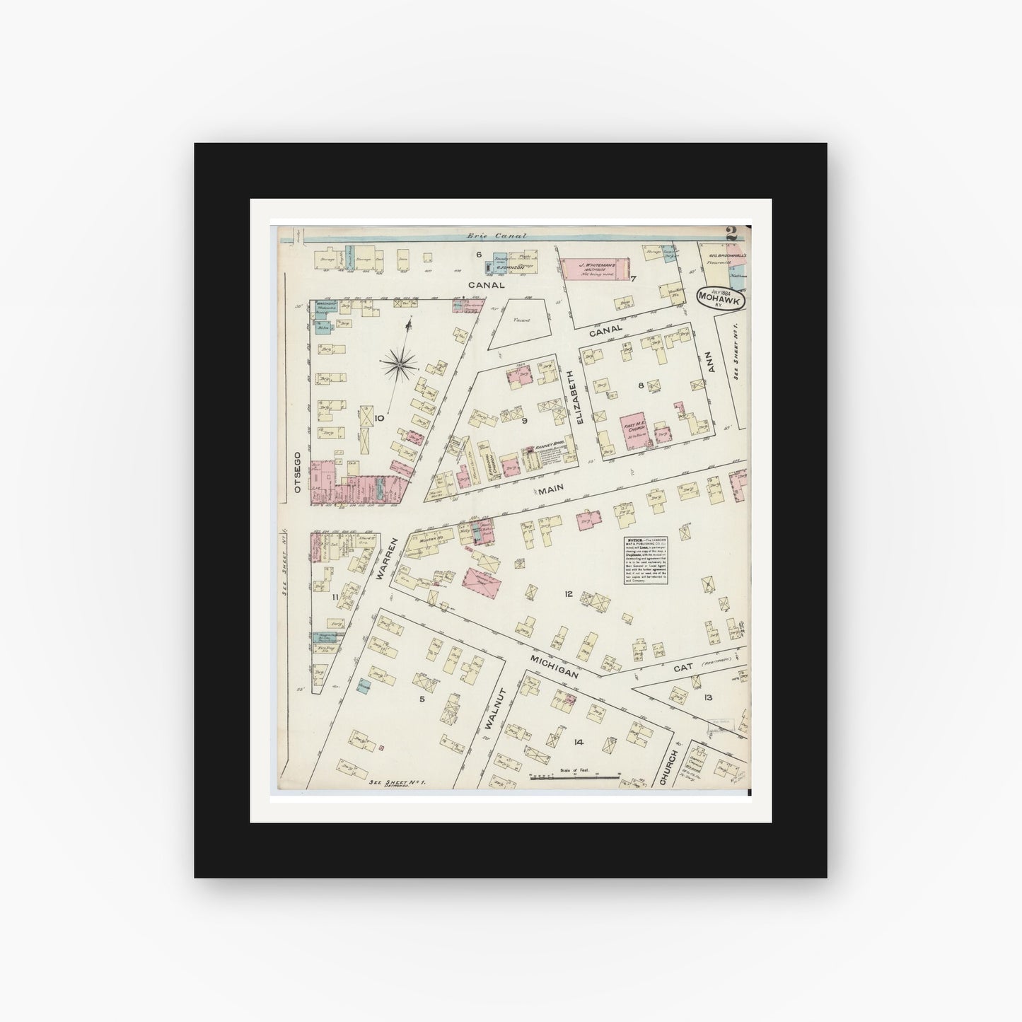 Old map wall art mockup — black gallery frame with white mat — Sanborn Fire Insurance Map from Mohawk, Herkimer County, New York (1884), Sheet #0002