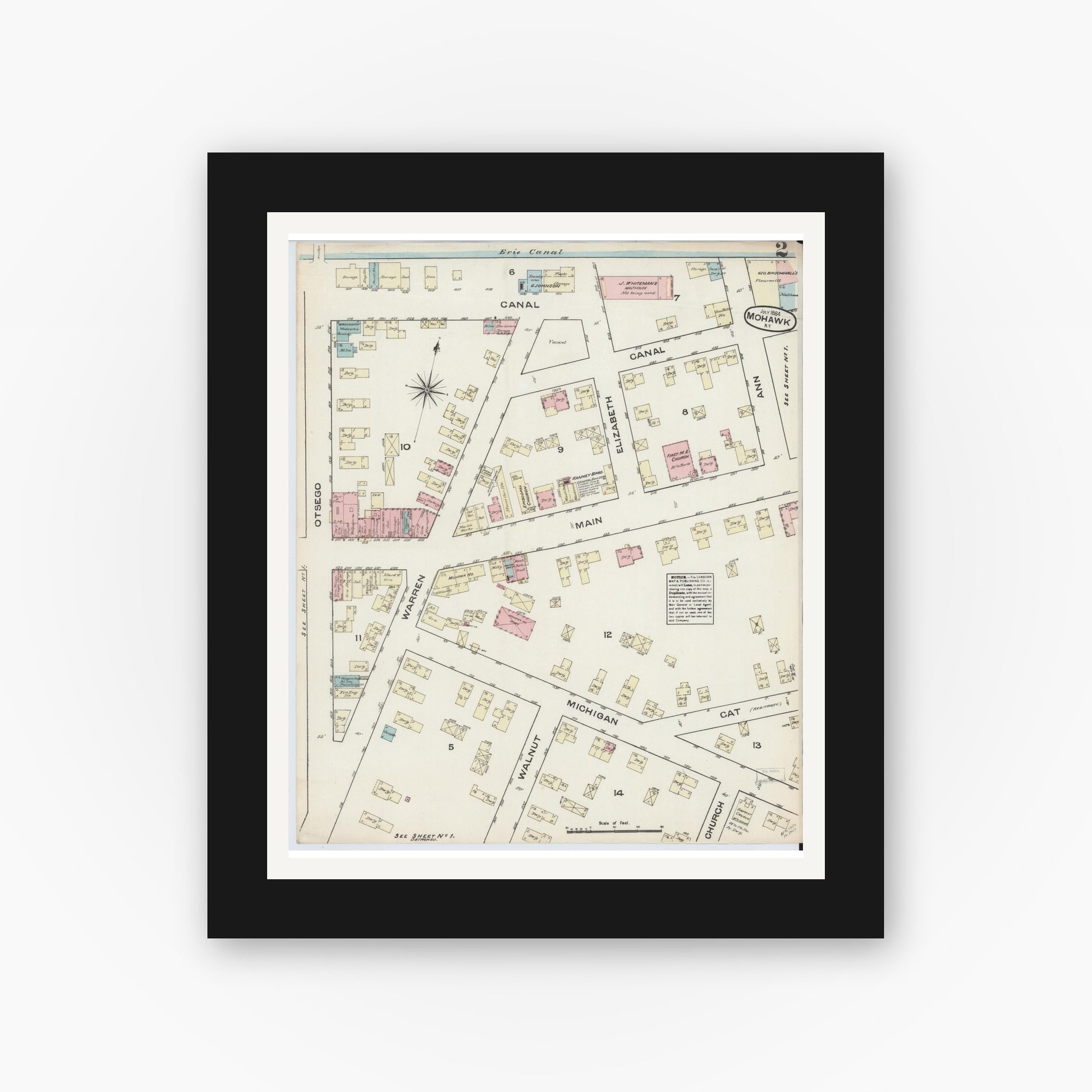 Old map wall art mockup — black gallery frame with white mat — Sanborn Fire Insurance Map from Mohawk, Herkimer County, New York (1884), Sheet #0002