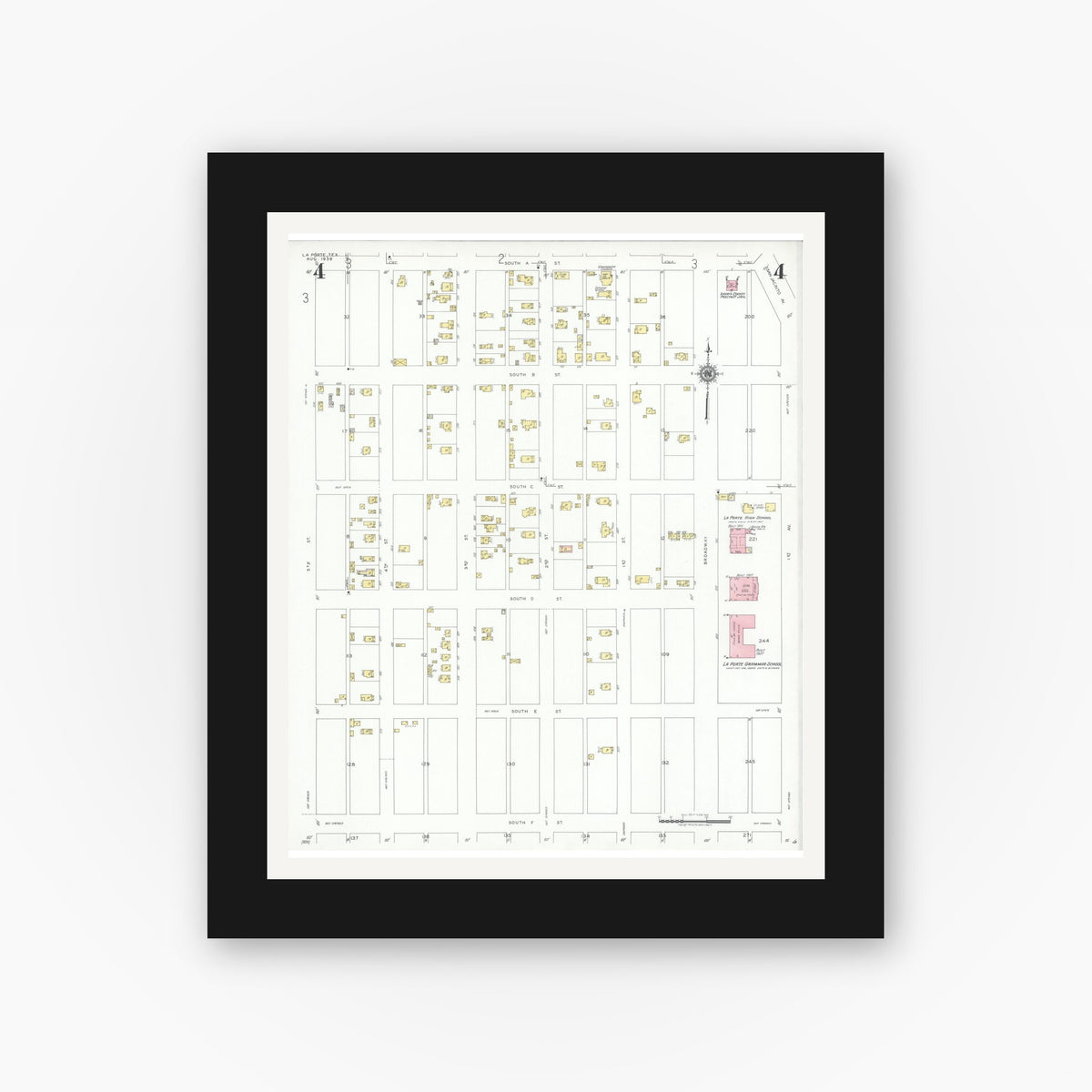 Old map wall art mockup — black gallery frame with white mat — Sanborn Fire Insurance Map from La Porte, Harris County, Texas (1939), Sheet #0004