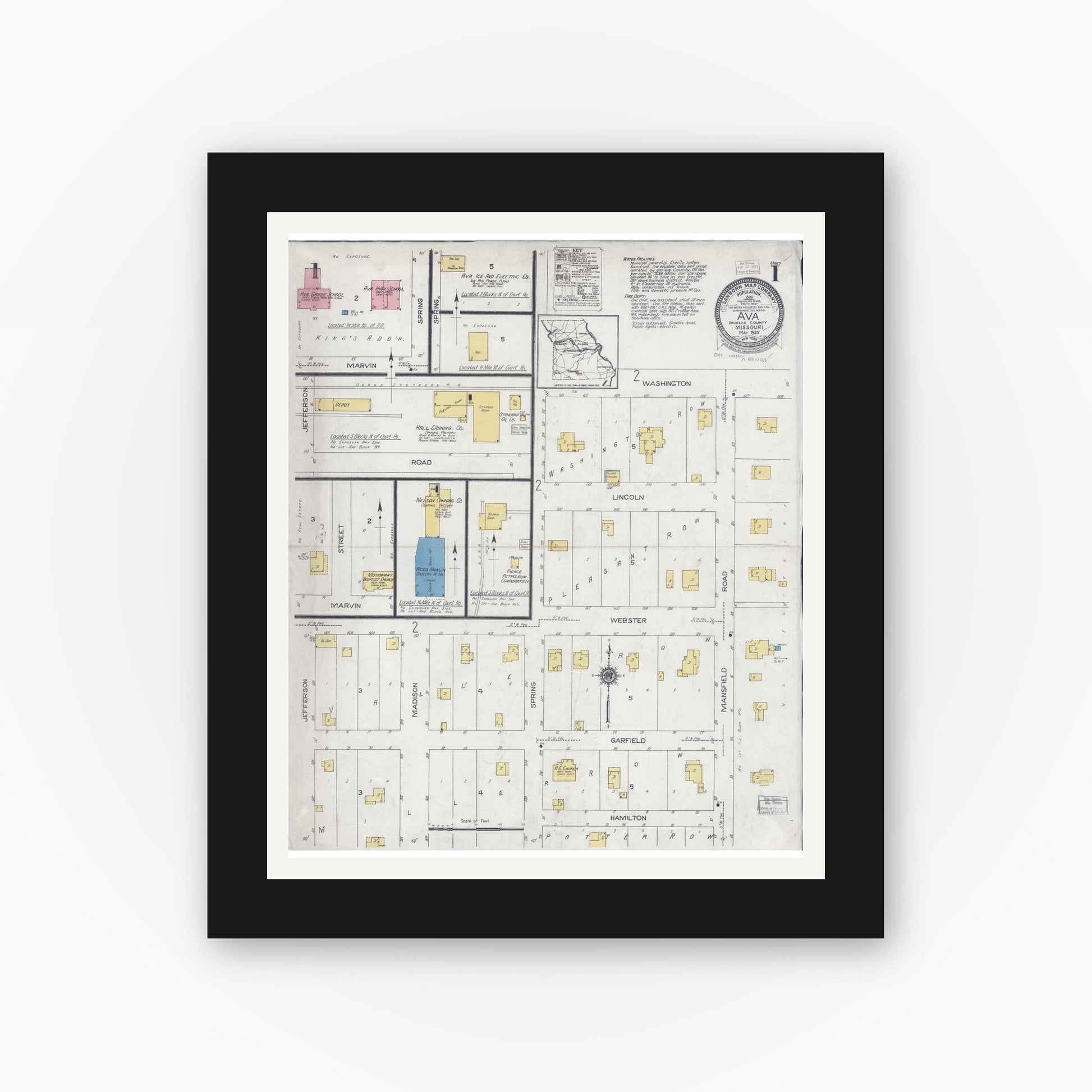 Old map wall art mockup — black gallery frame with white mat — Sanborn Fire Insurance Map from Ava, Douglas County, Missouri (1925) - Complete Map Set