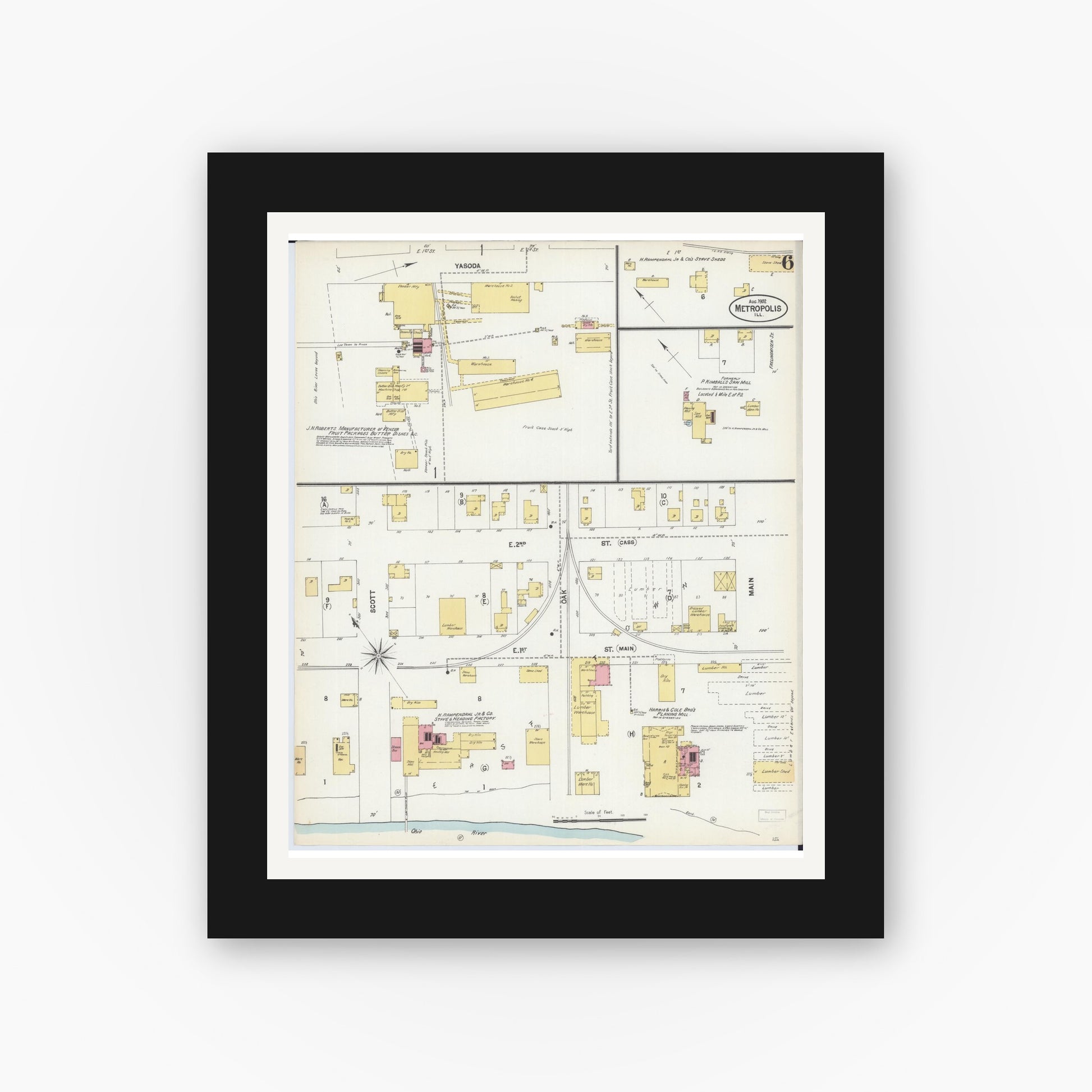 Old map wall art mockup — black gallery frame with white mat — Sanborn Fire Insurance Map from Metropolis, Massac County, Illinois (1902), Sheet #0006
