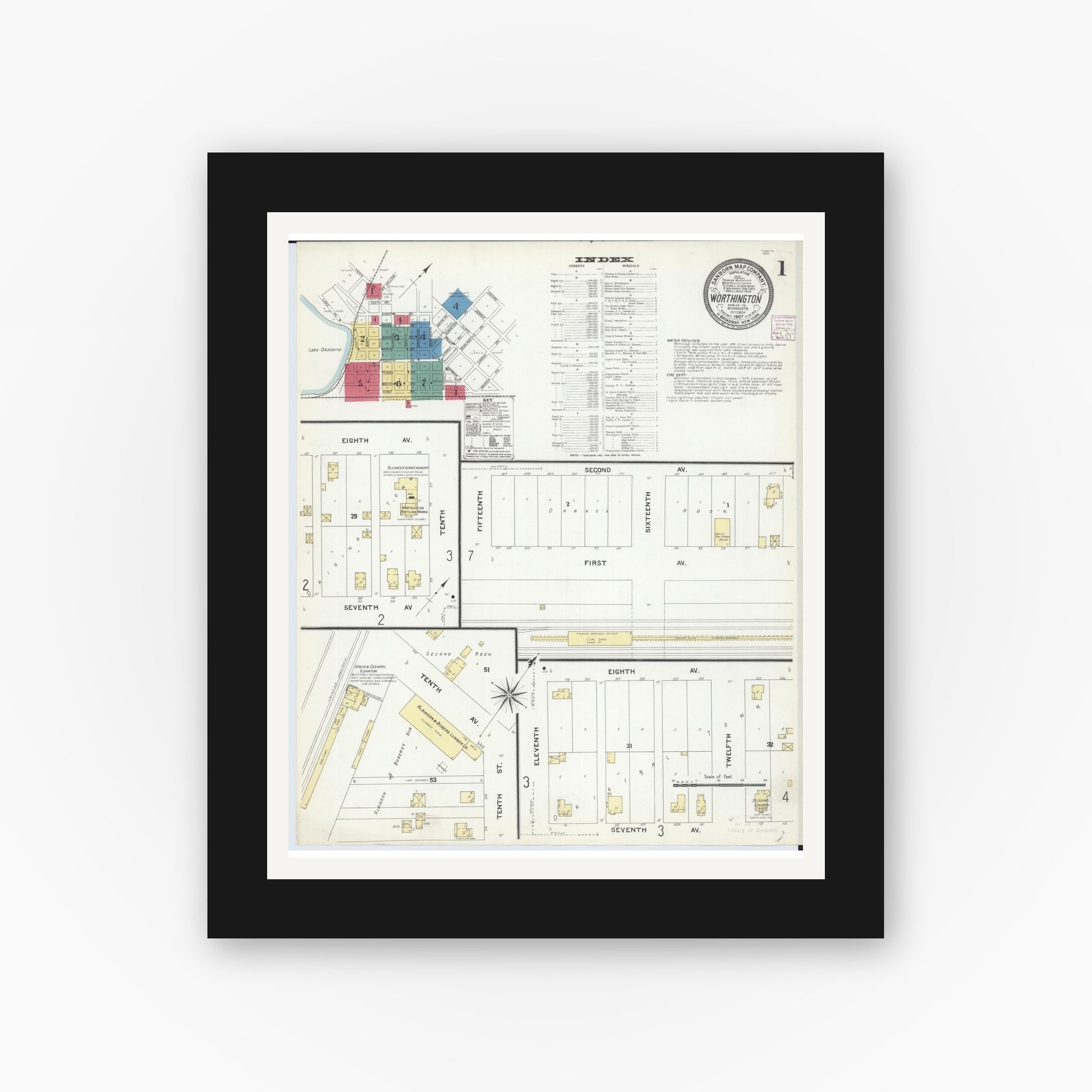 Old map wall art mockup — black gallery frame with white mat — Sanborn Fire Insurance Map from Worthington, Nobles County, Minnesota (1907) - Complete Map Set