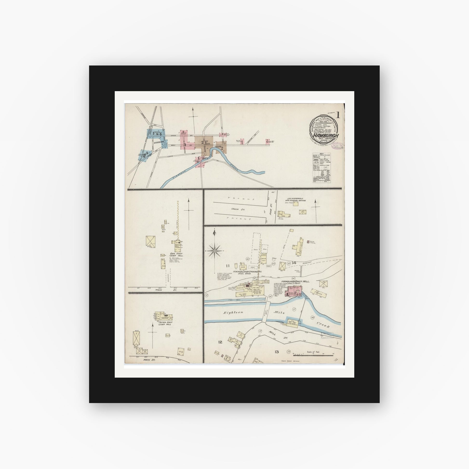 Old map wall art mockup — black gallery frame with white mat — Sanborn Fire Insurance Map from Hamburg, Erie County, New York (1885), Sheet #0001