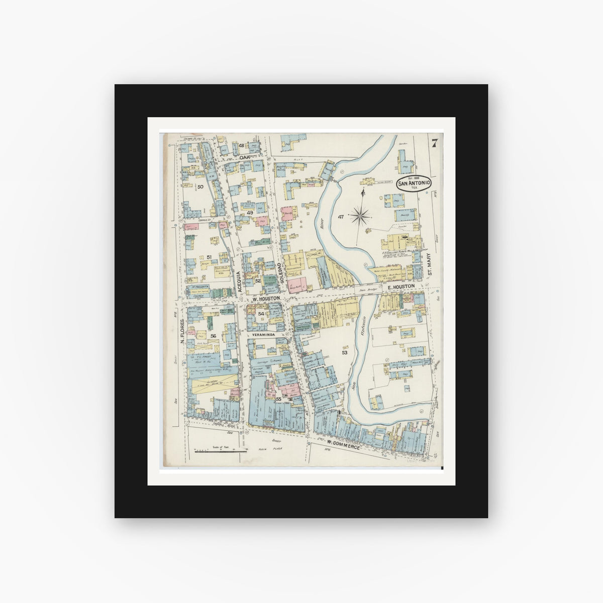 Old map wall art mockup — black gallery frame with white mat — Sanborn Fire Insurance Map from San Antonio, Bexar County, Texas (1888), Sheet #0007