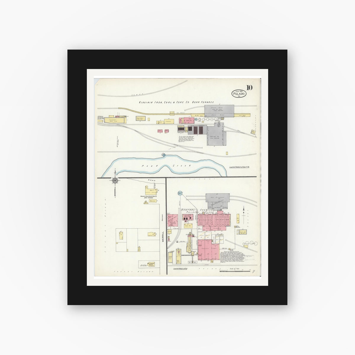 Old map wall art mockup — black gallery frame with white mat — Sanborn Fire Insurance Map from Pulaski, Pulaski County, Virginia (1913), Sheet #0010