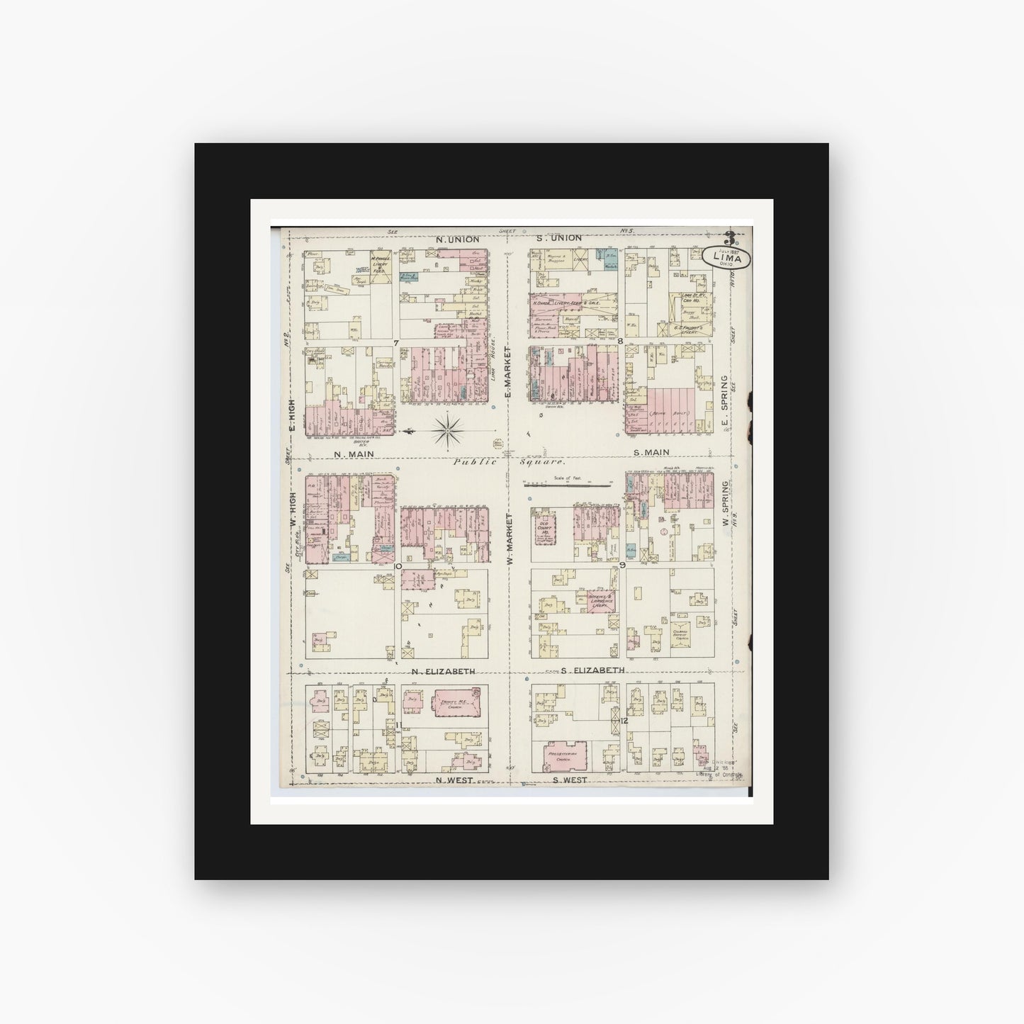 Old map wall art mockup — black gallery frame with white mat — Sanborn Fire Insurance Map from Lima, Allen County, Ohio (1887), Sheet #0003