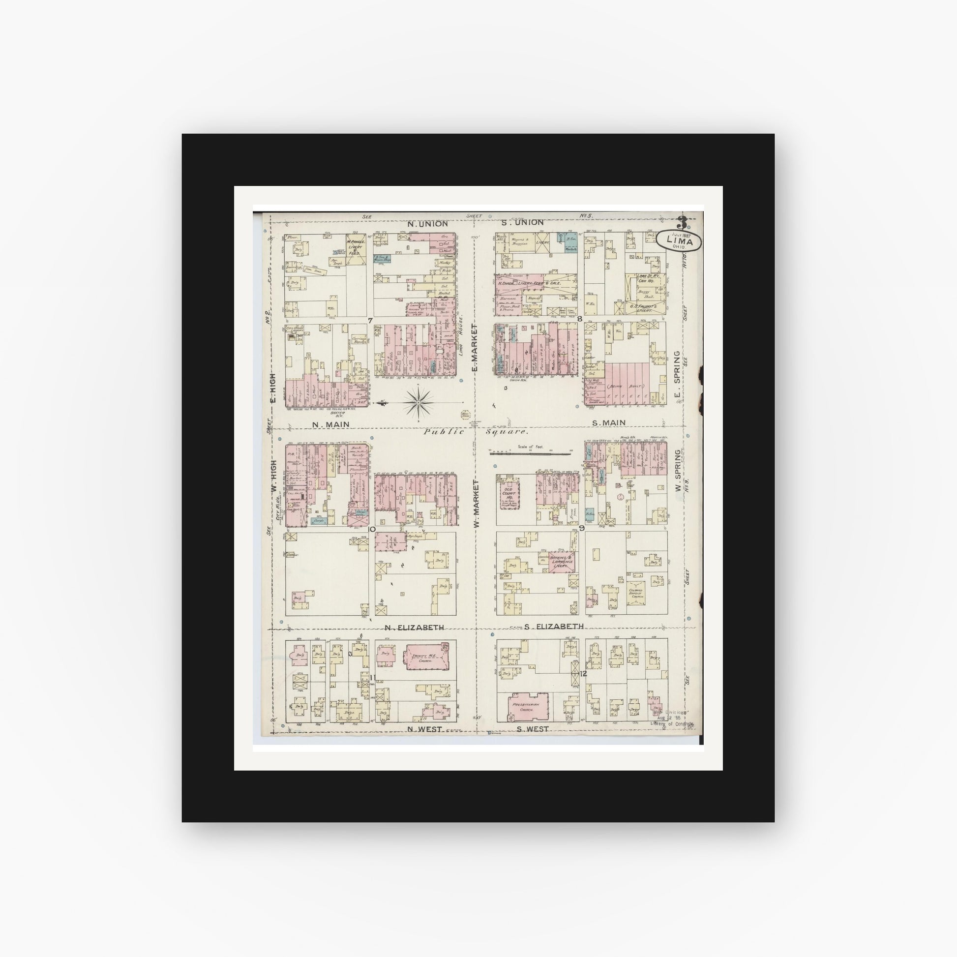 Old map wall art mockup — black gallery frame with white mat — Sanborn Fire Insurance Map from Lima, Allen County, Ohio (1887), Sheet #0003