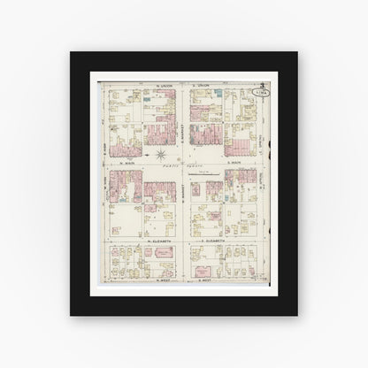 Old map wall art mockup — black gallery frame with white mat — Sanborn Fire Insurance Map from Lima, Allen County, Ohio (1887), Sheet #0003